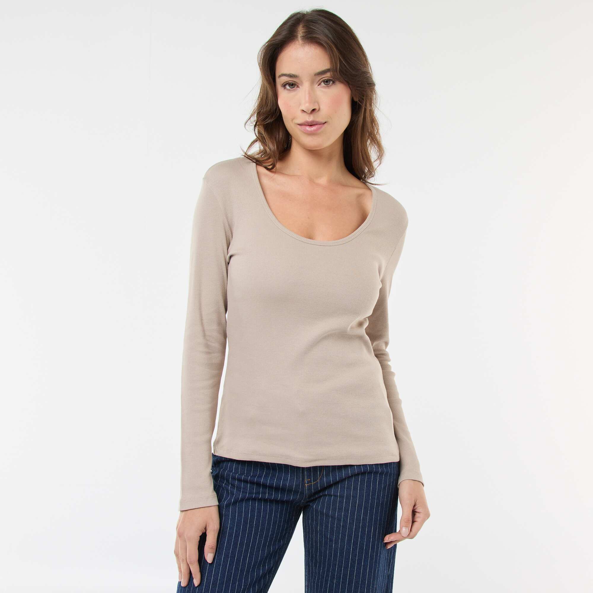 Long-Sleeved Ribbed T-Shirt BEIGE - Image 5