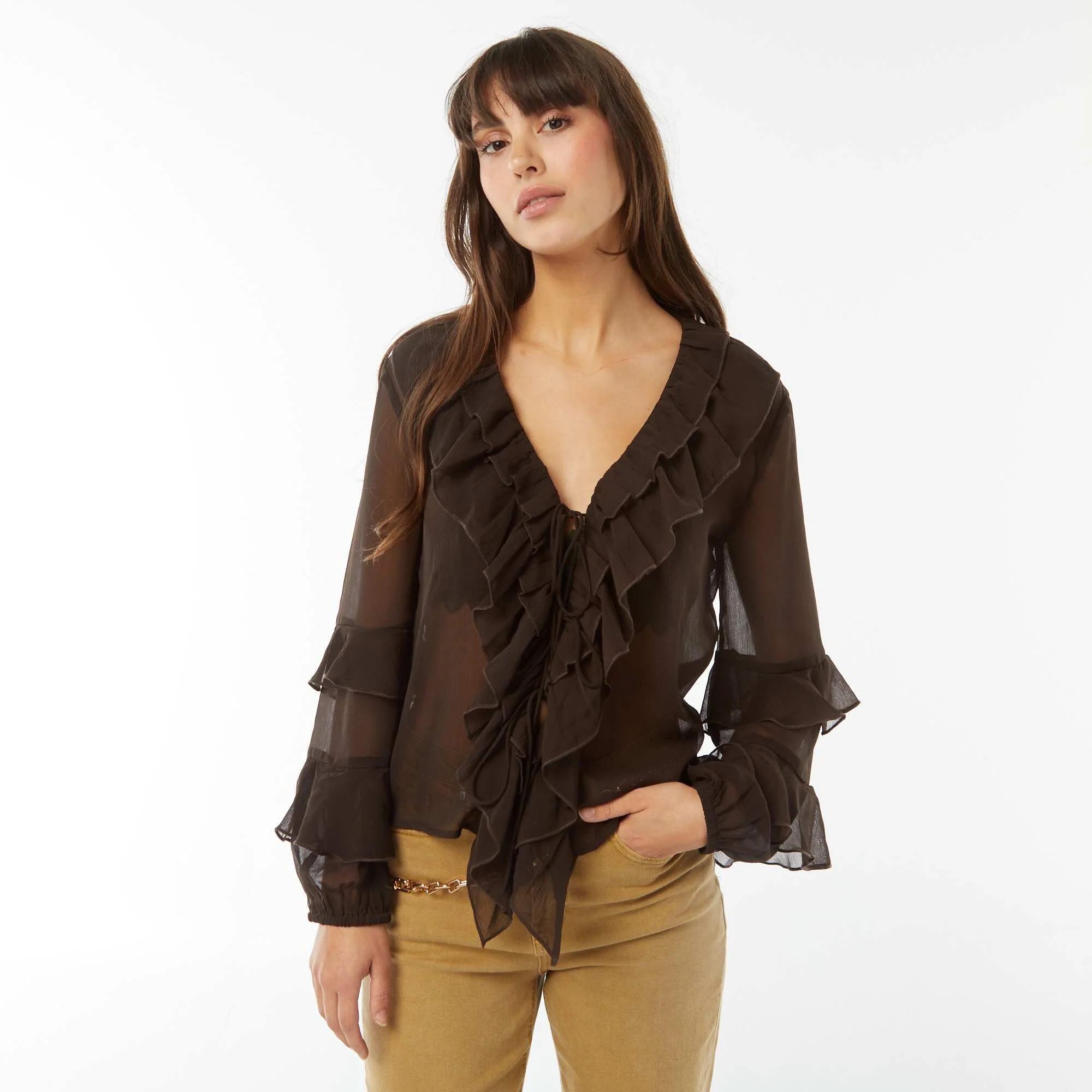 Long-sleeved ruffled blouse BROWN