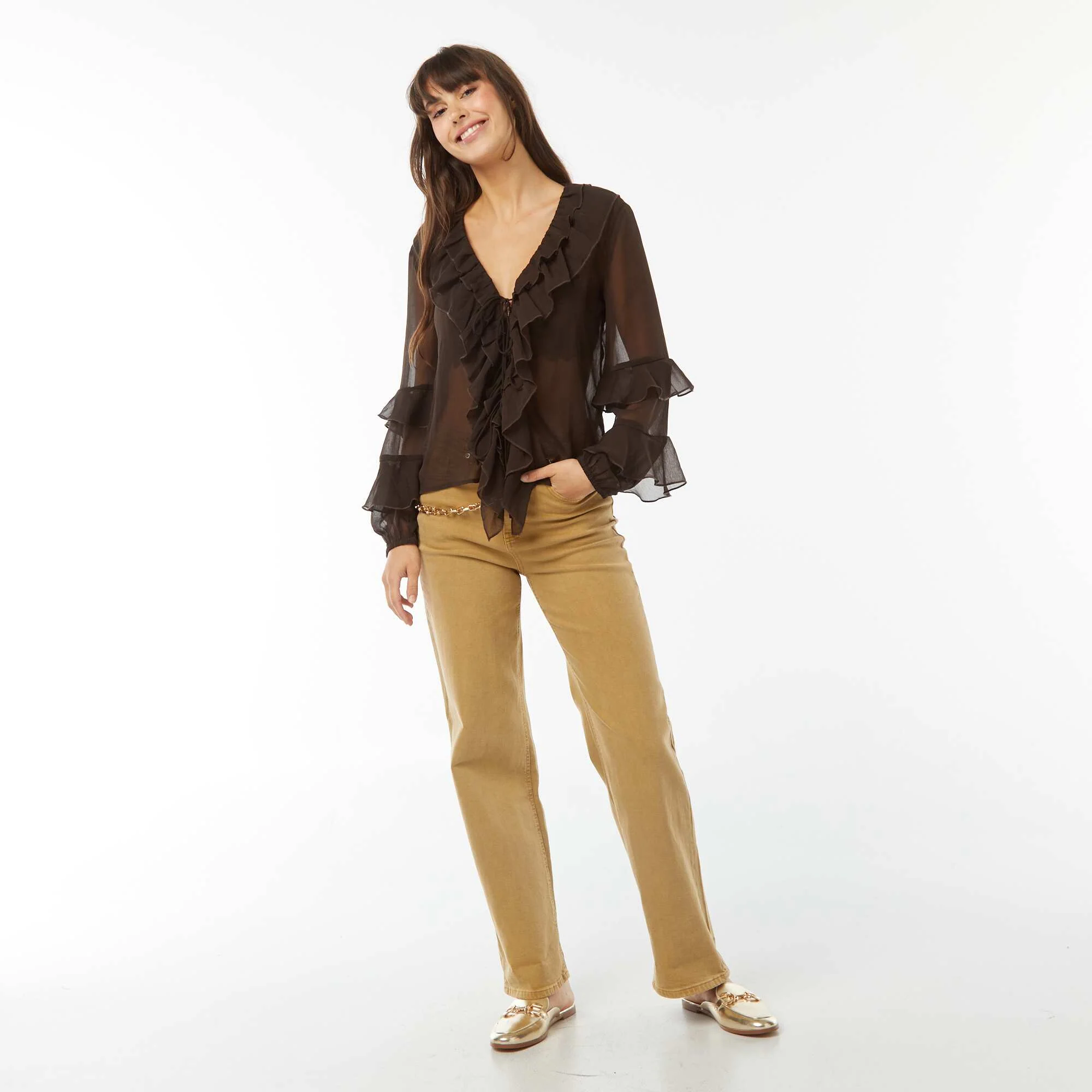 Long-sleeved ruffled blouse BROWN - Image 2