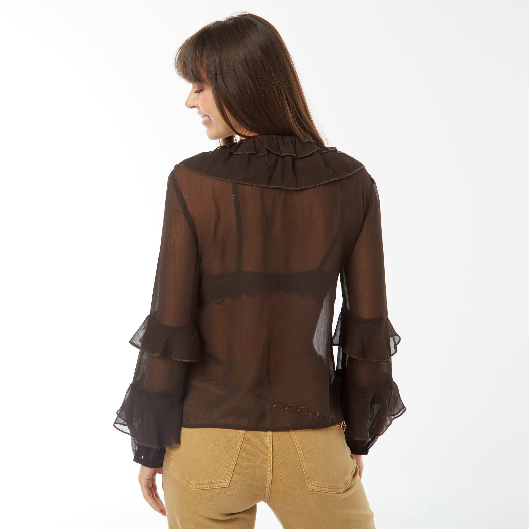 Long-sleeved ruffled blouse BROWN - Image 3