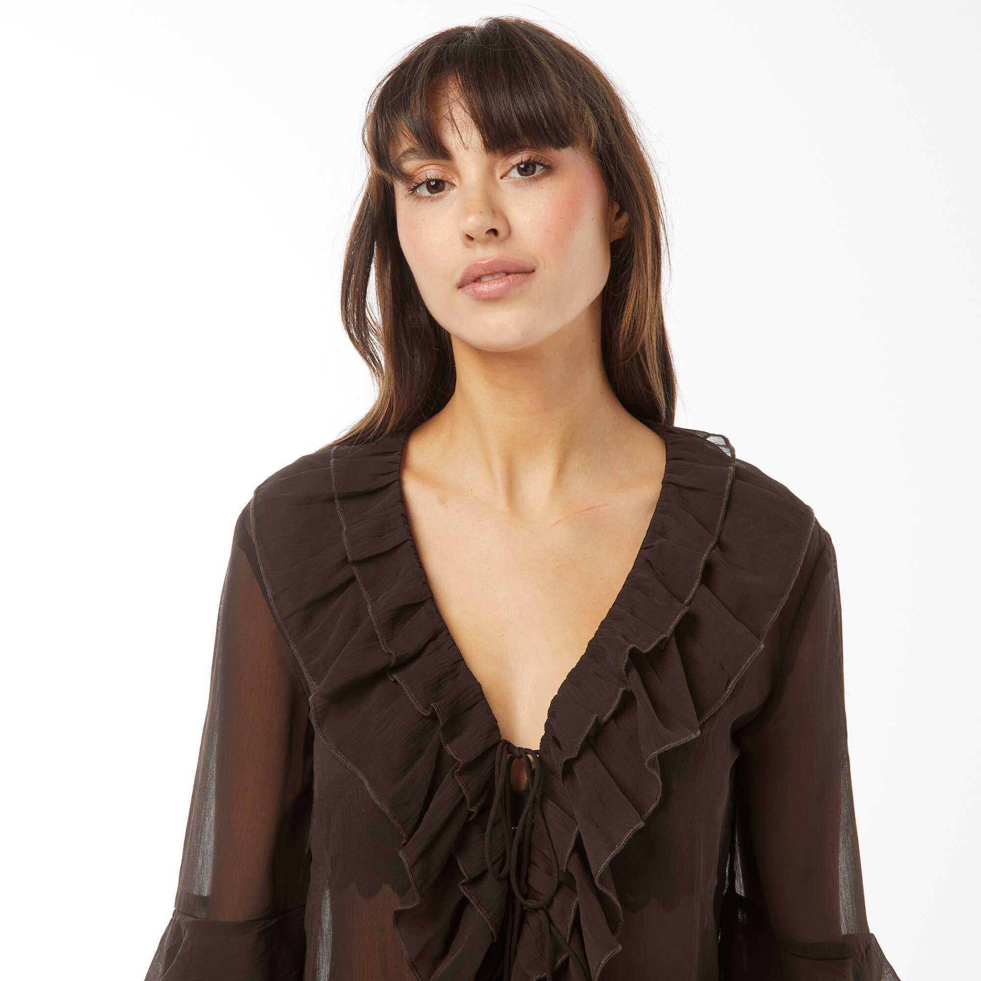 Long-sleeved ruffled blouse BROWN - Image 4