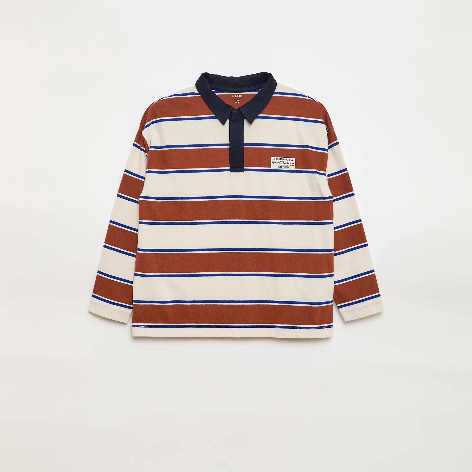 Long-Sleeved Striped Jersey Knit Polo Shirt BEIGE