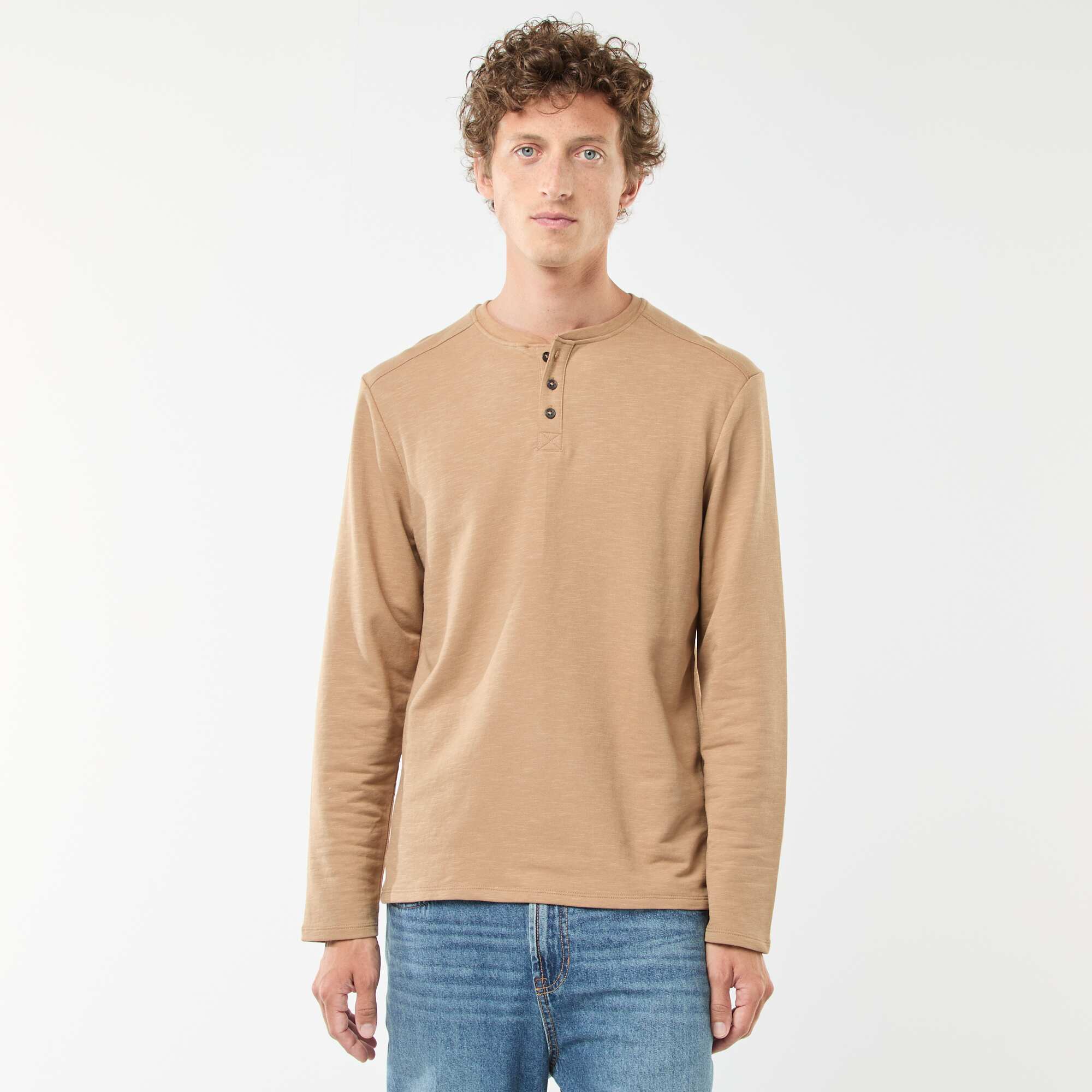 Long-sleeved T-shirt with henley collar BEIGE - Image 3