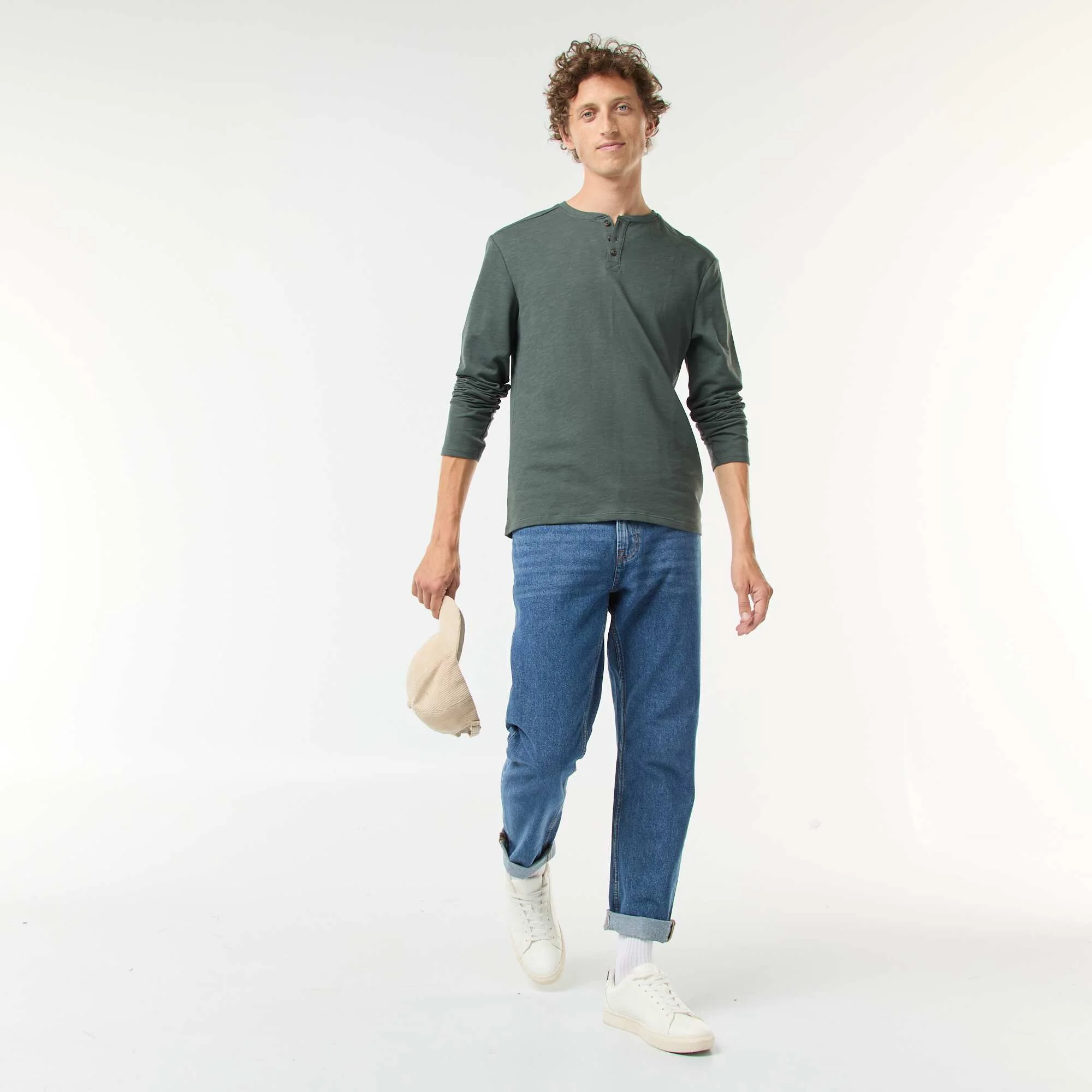 Long-sleeved T-shirt with henley collar KHAKI - Image 2