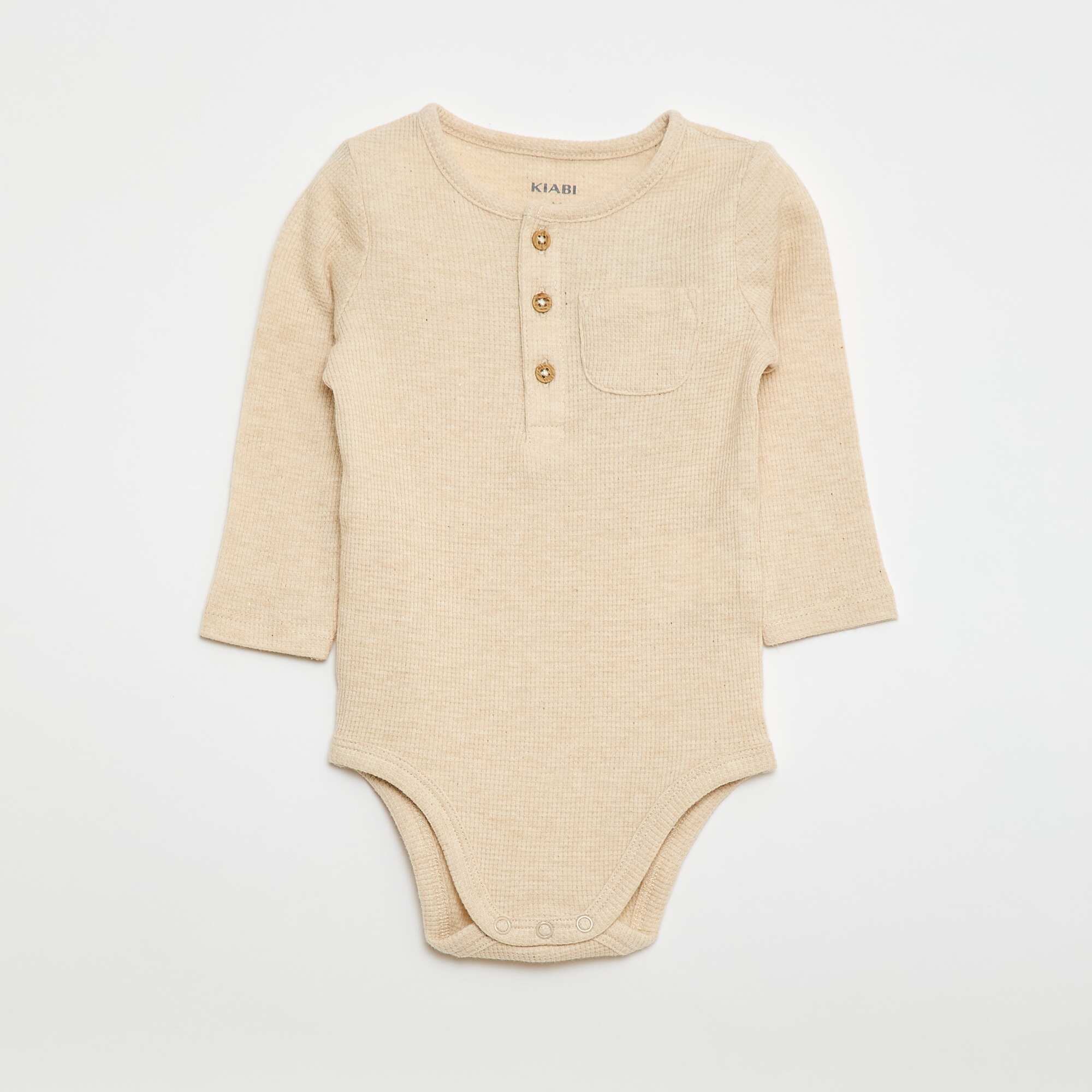 Long-sleeved Waffle Knit Bodysuit BEIGE