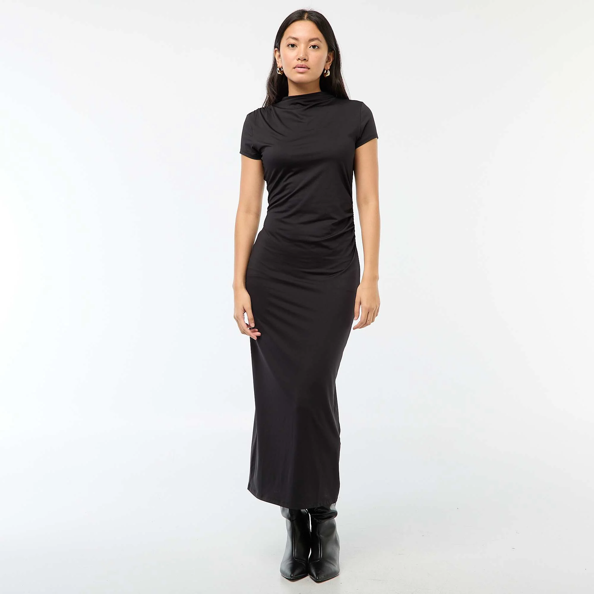 Long Solid Color Short-Sleeve Dress BLACK