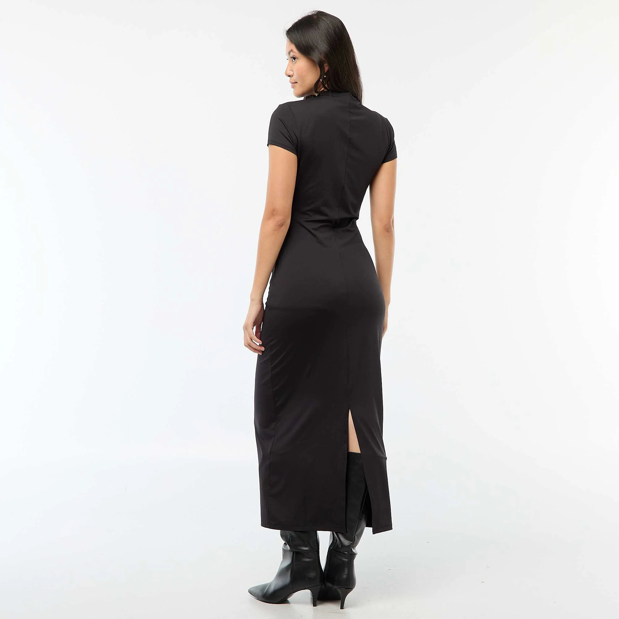 Long Solid Color Short-Sleeve Dress BLACK - Image 3