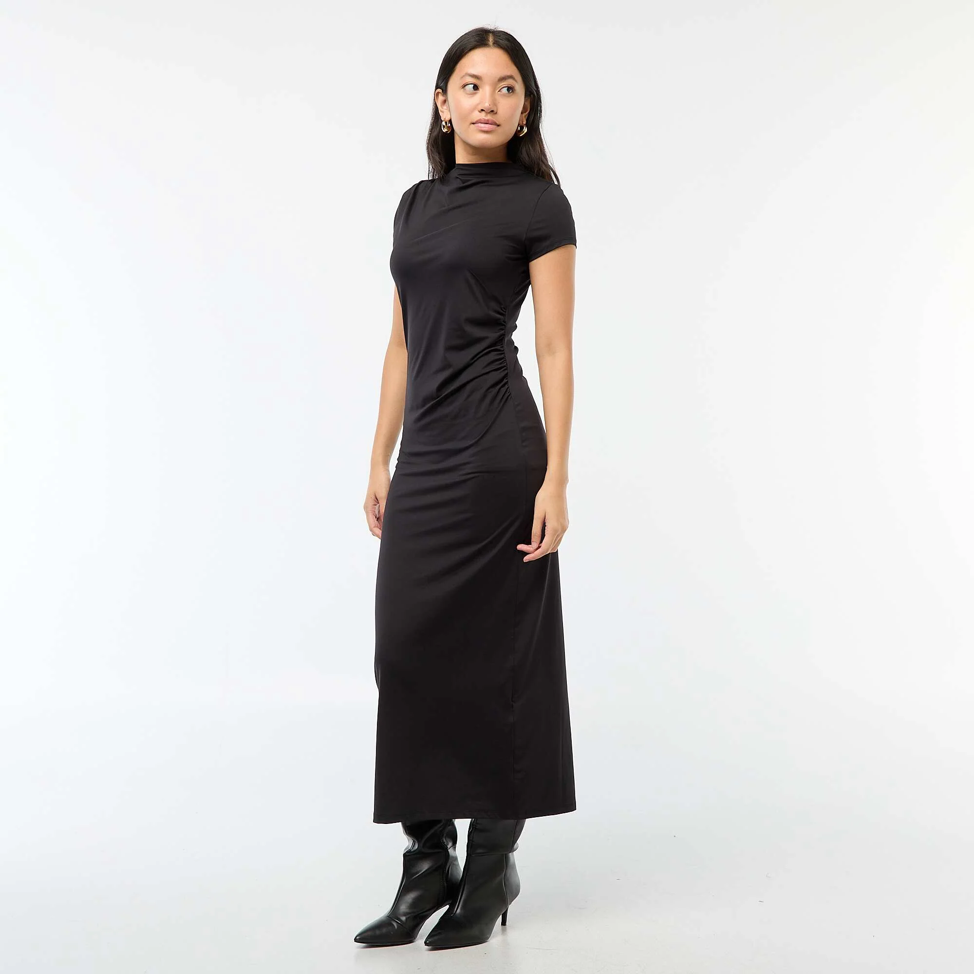 Long Solid Color Short-Sleeve Dress BLACK - Image 4