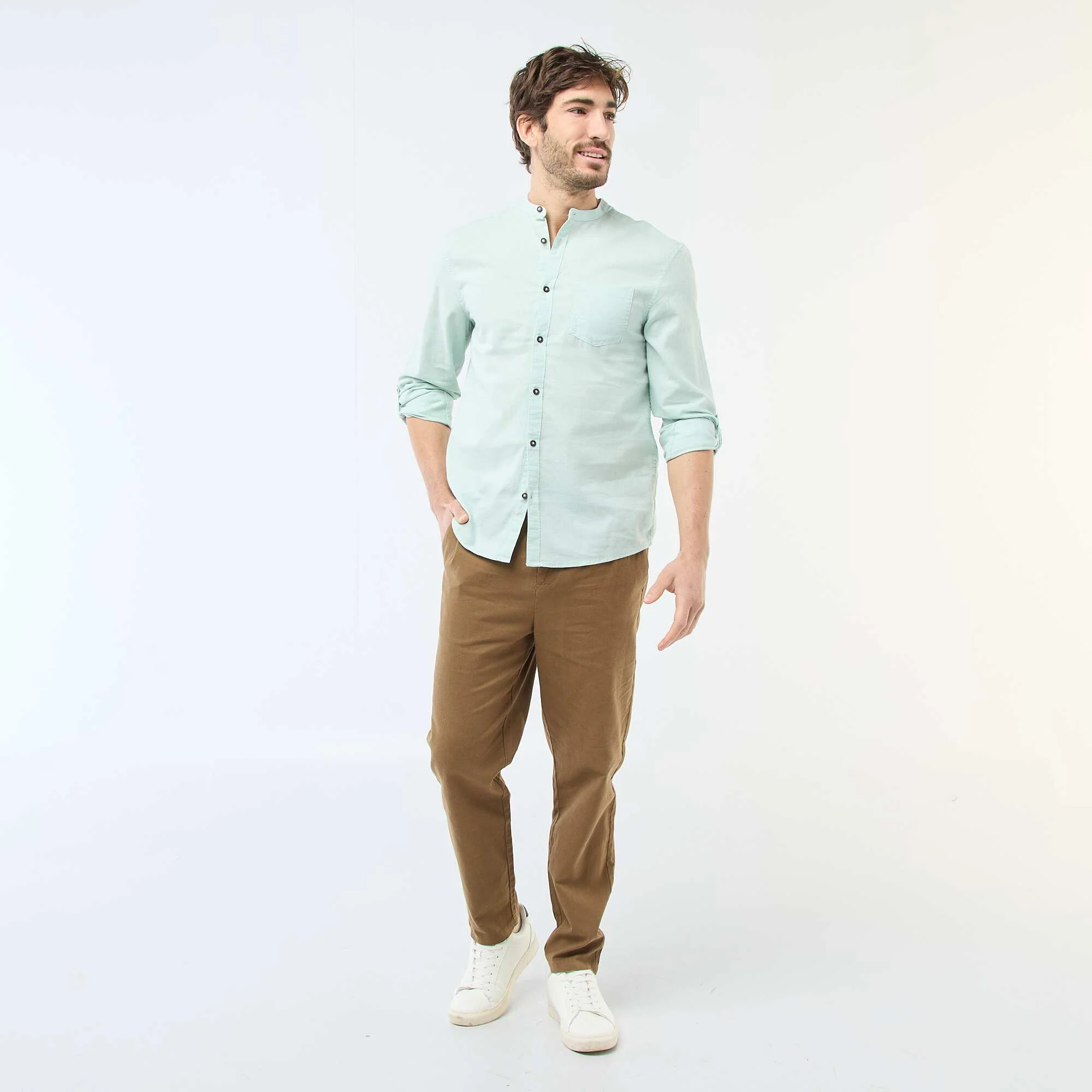 Mandarin collar shirt with linen GREEN - Image 2