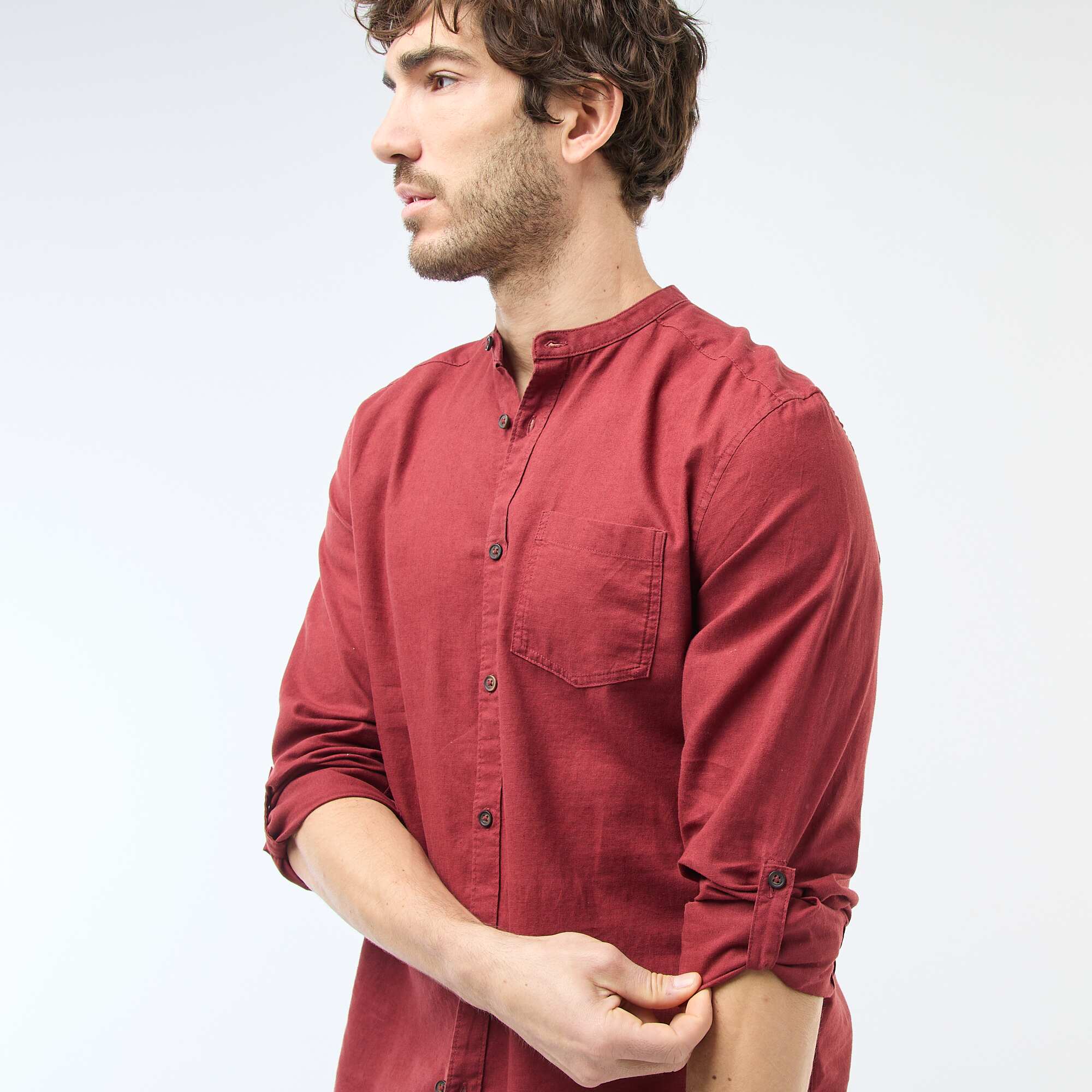 Mandarin collar shirt with linen RED - Image 3