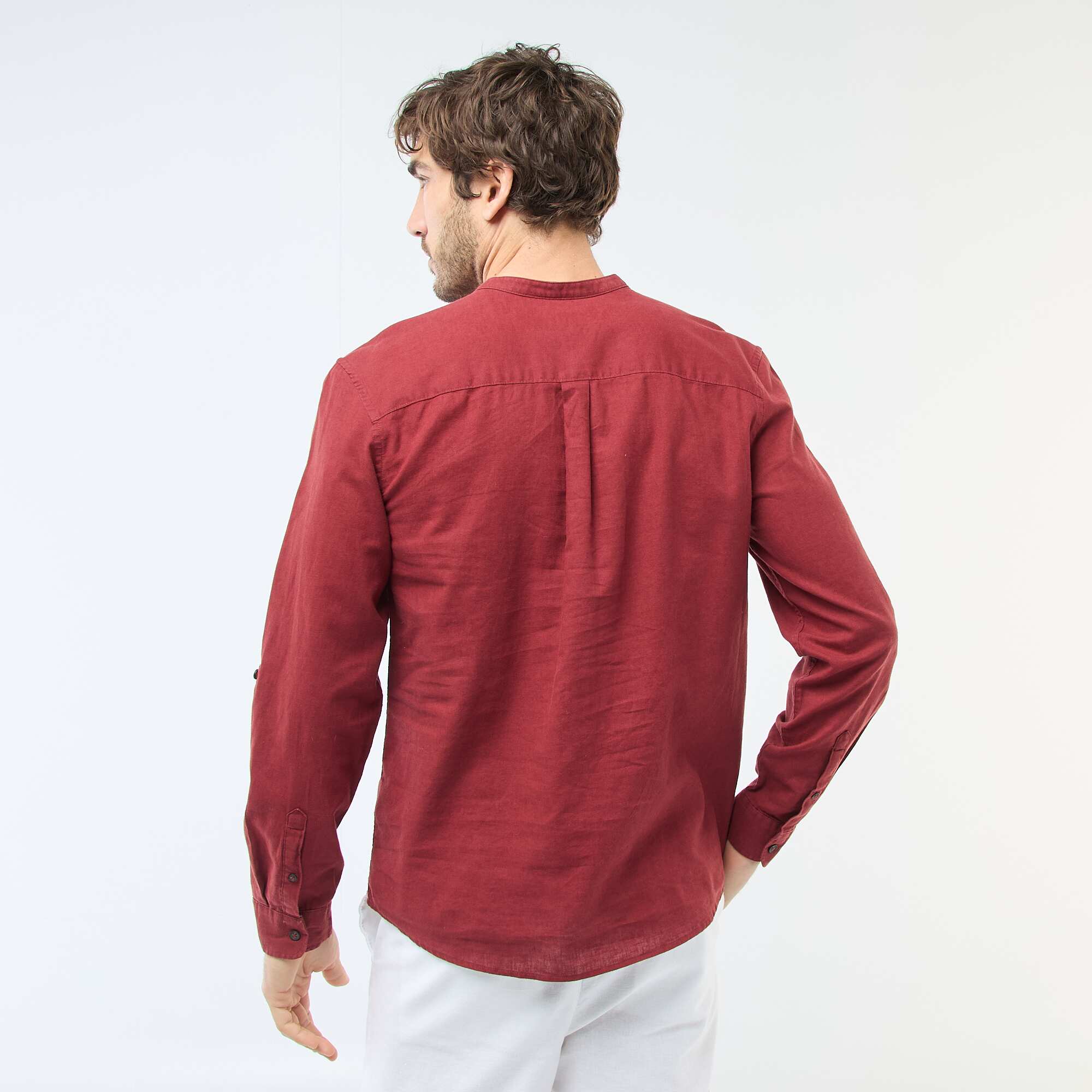 Mandarin collar shirt with linen RED - Image 4