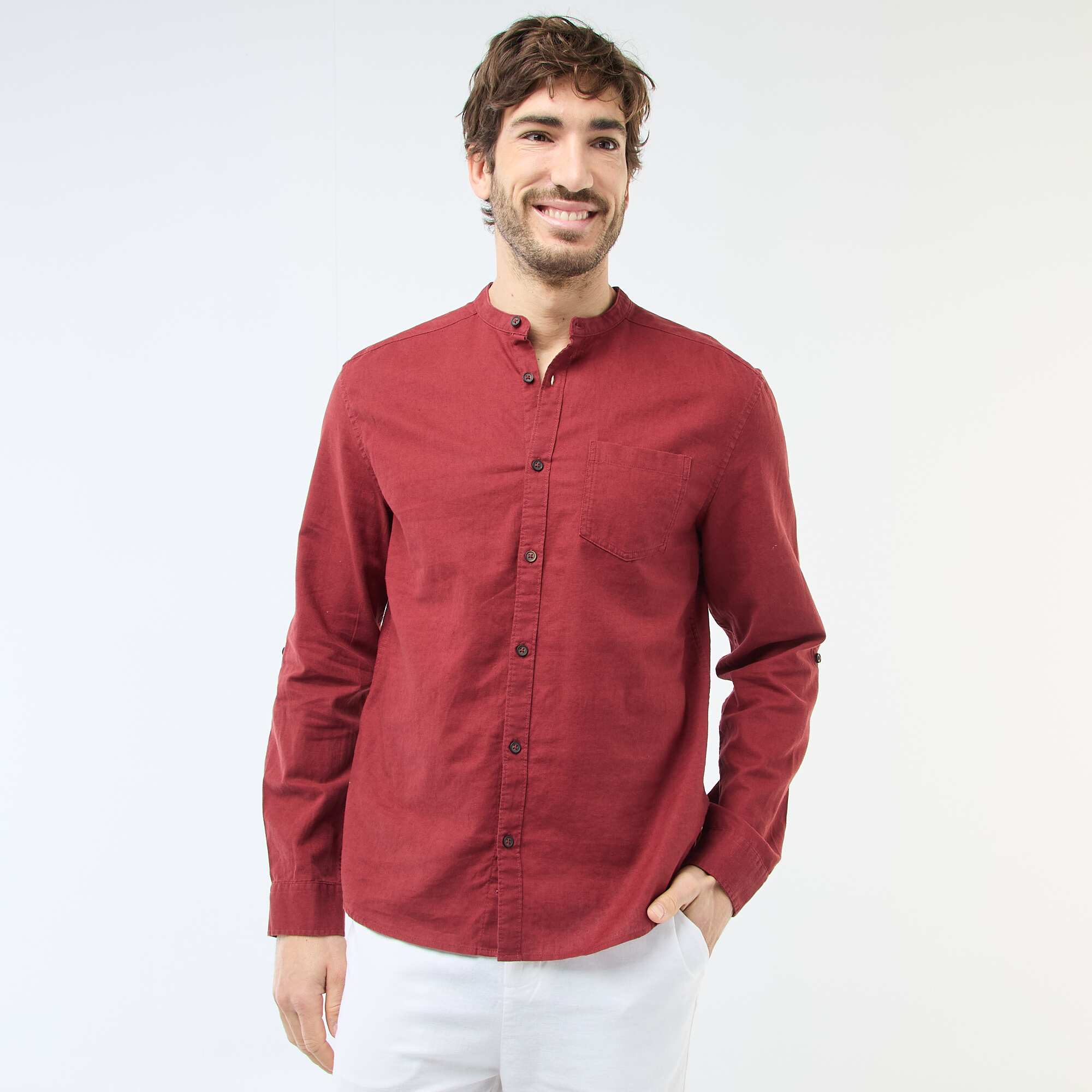 Mandarin collar shirt with linen RED - Image 5