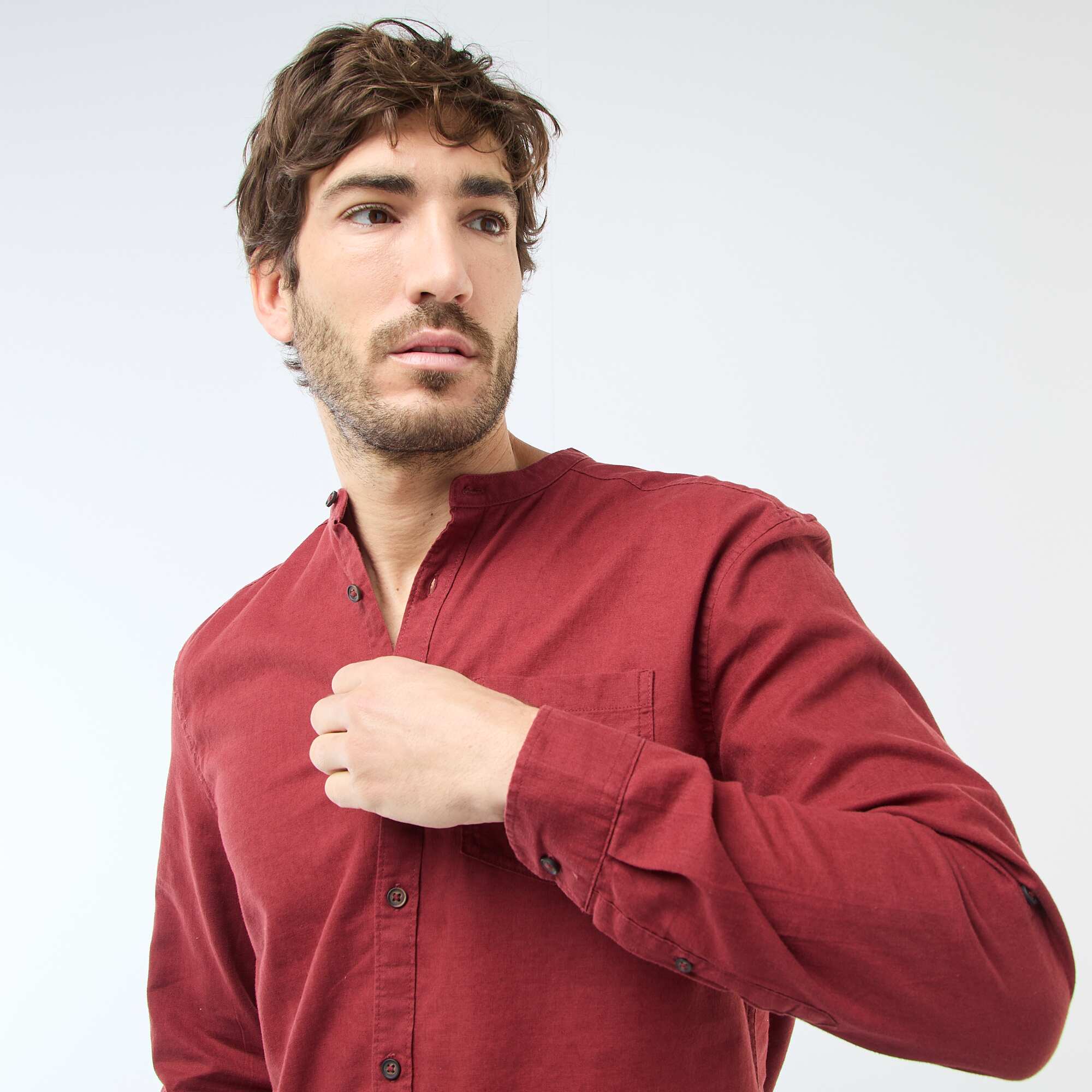 Mandarin collar shirt with linen RED - Image 6
