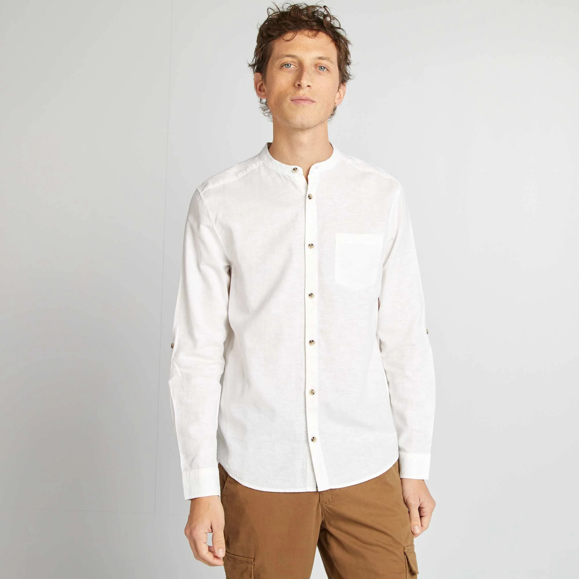 Mandarin collar shirt with linen WHITE - Image 3