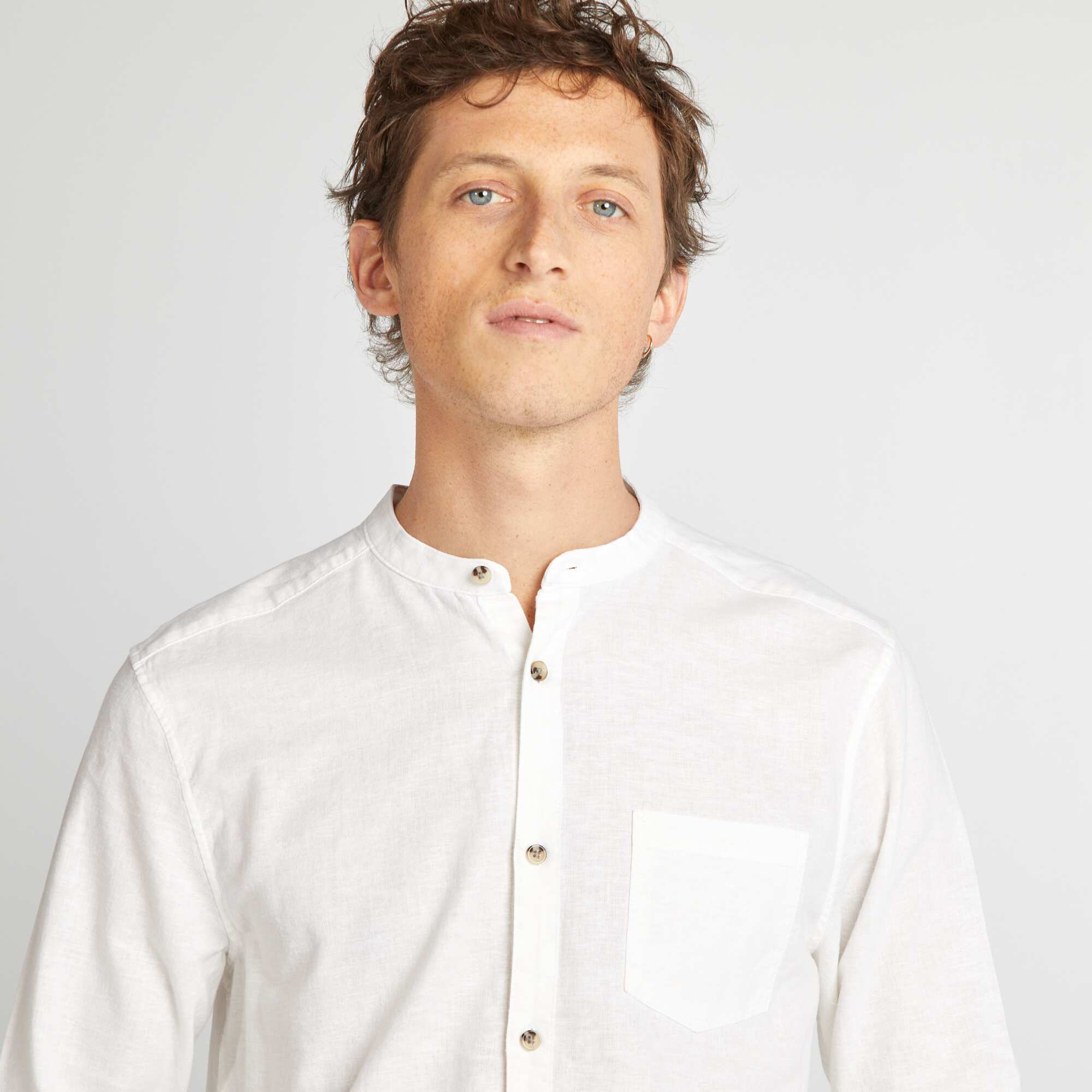 Mandarin collar shirt with linen WHITE - Image 4