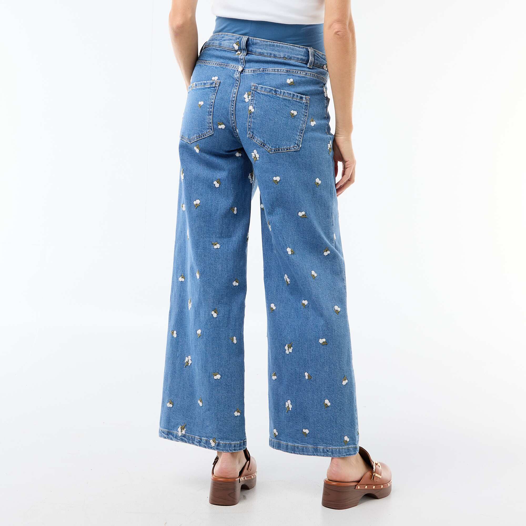 Maternity Trousers with Stretch Waistband and Embroidered Design BLUE - Image 3