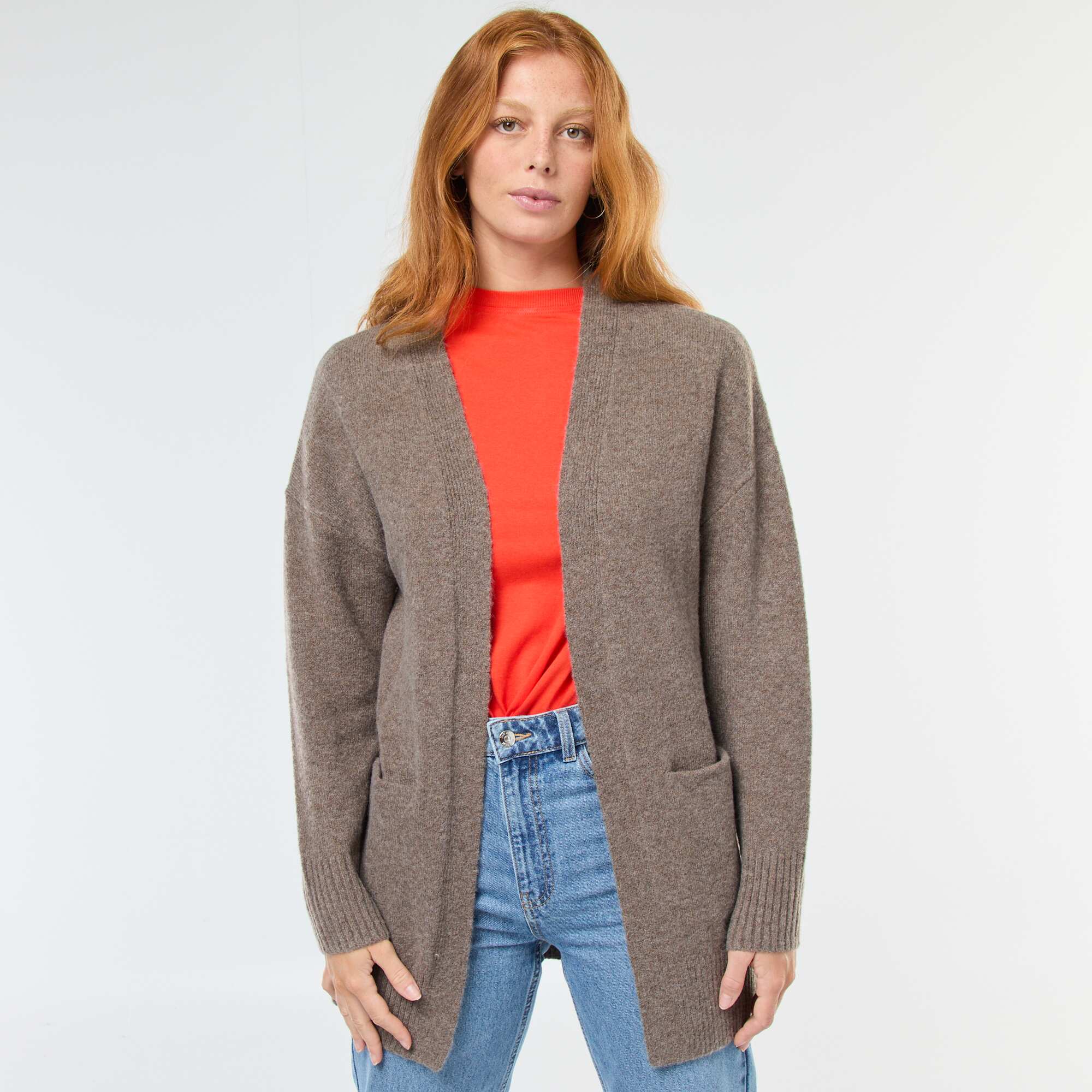 Open Front Long Cardigan BROWN