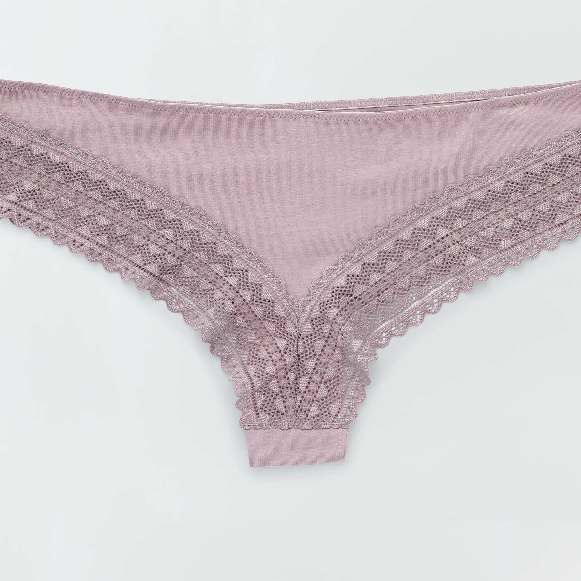 Pack of 3 pairs of cotton and lace Brazilian briefs grey pink - Image 5