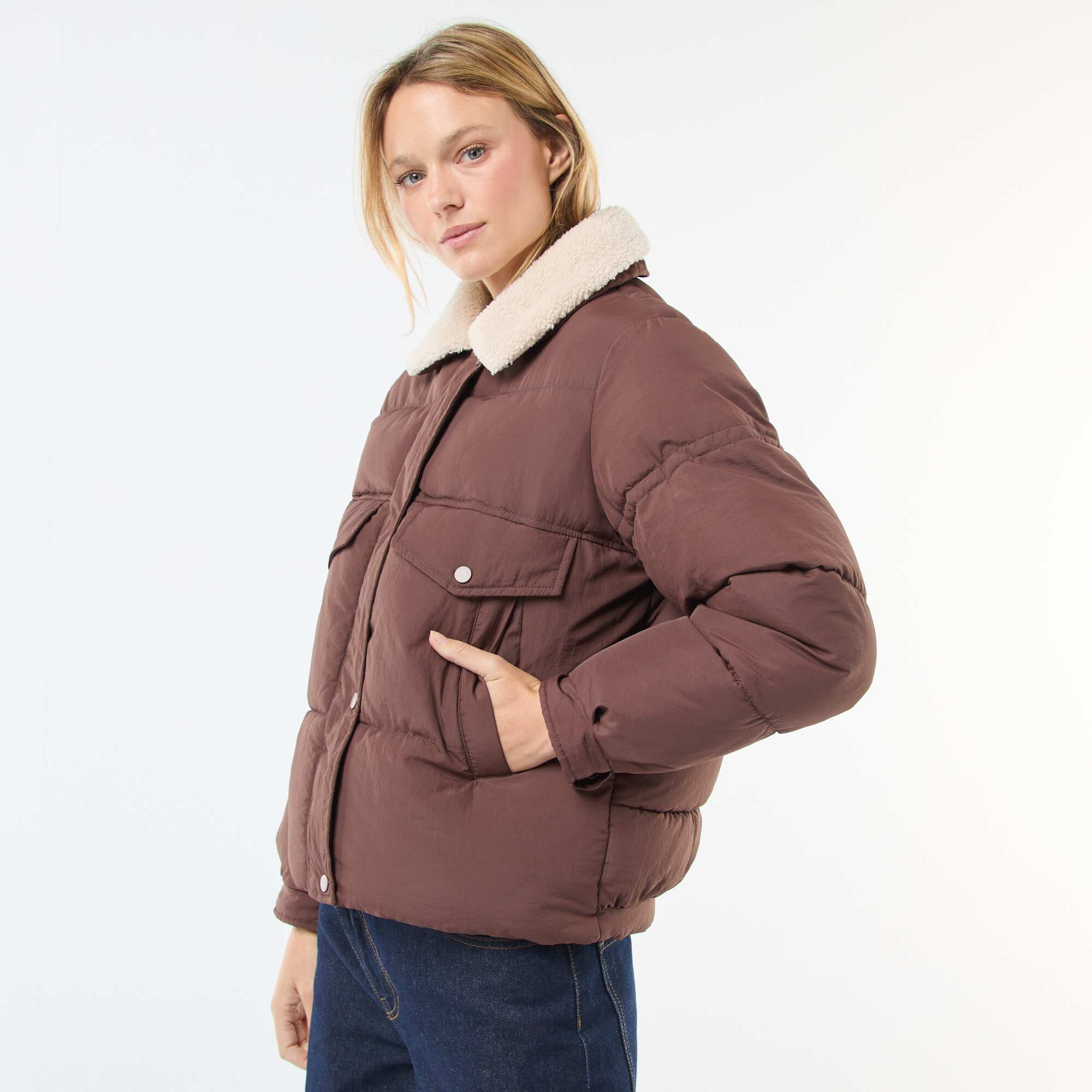 Padded Puffer Jacket with Shearling Effect Collar BROWN - Image 3