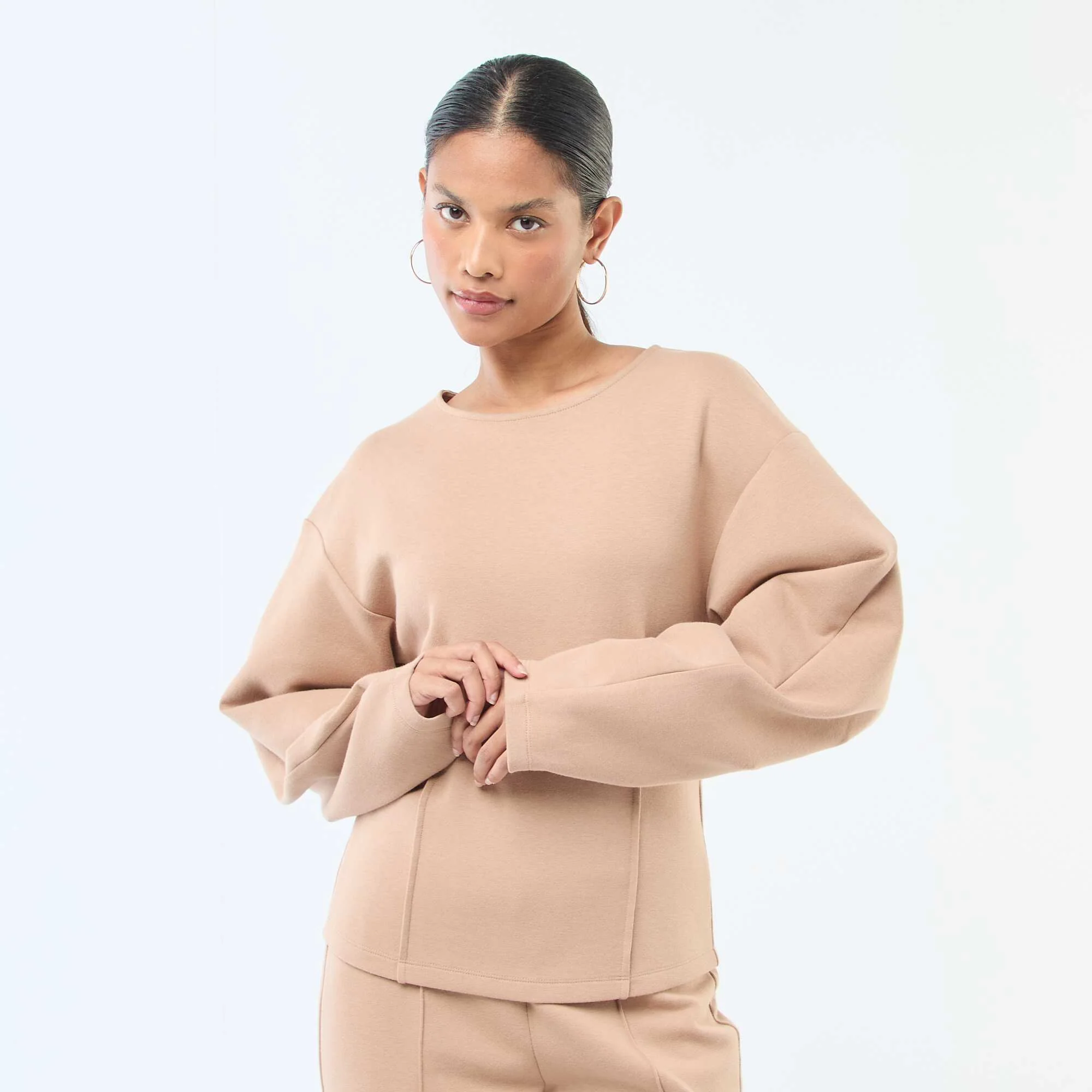 Peplum Sweatshirt with Round Neck BEIGE