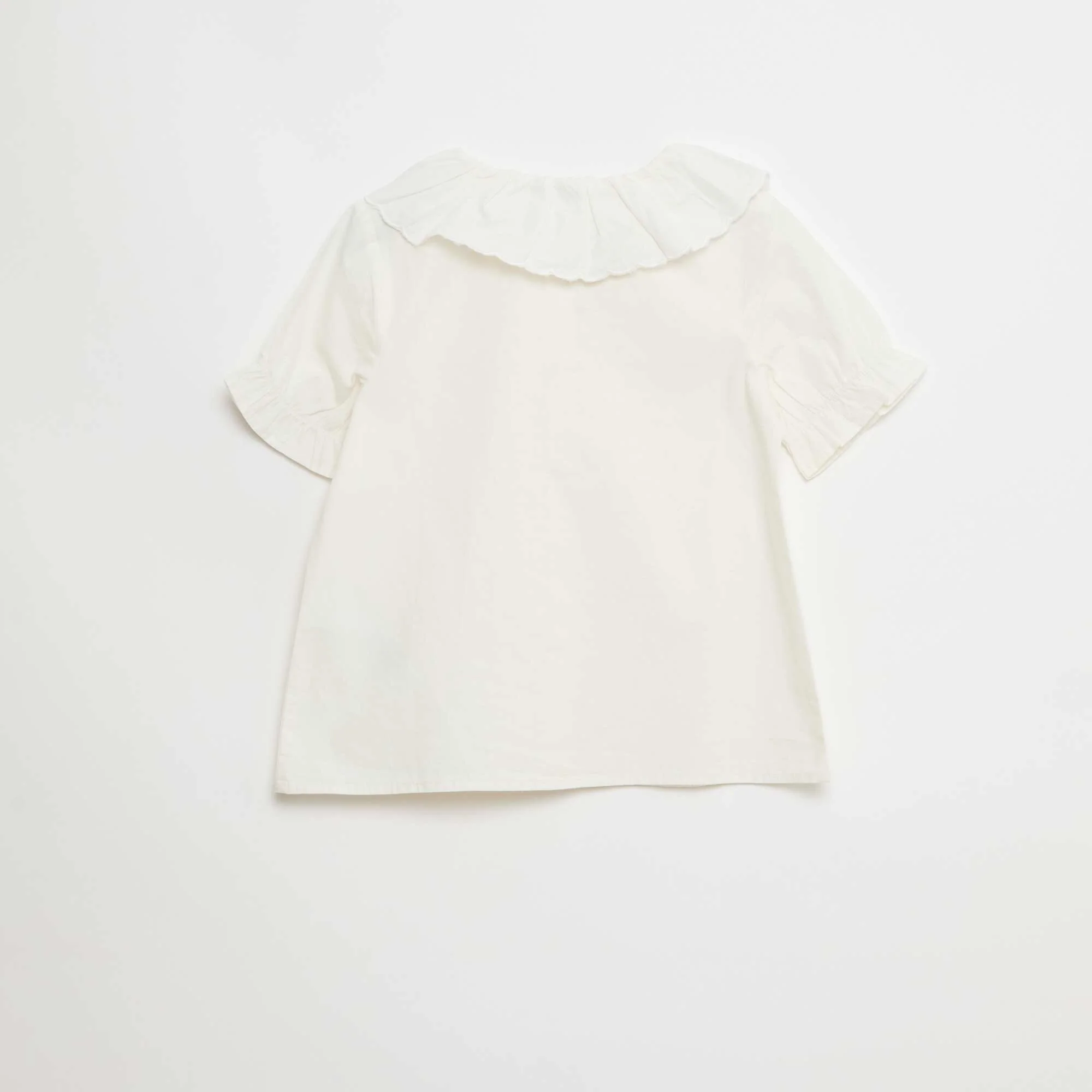Plain Cotton Blouse with Ruffled Collar WHITE - Image 2