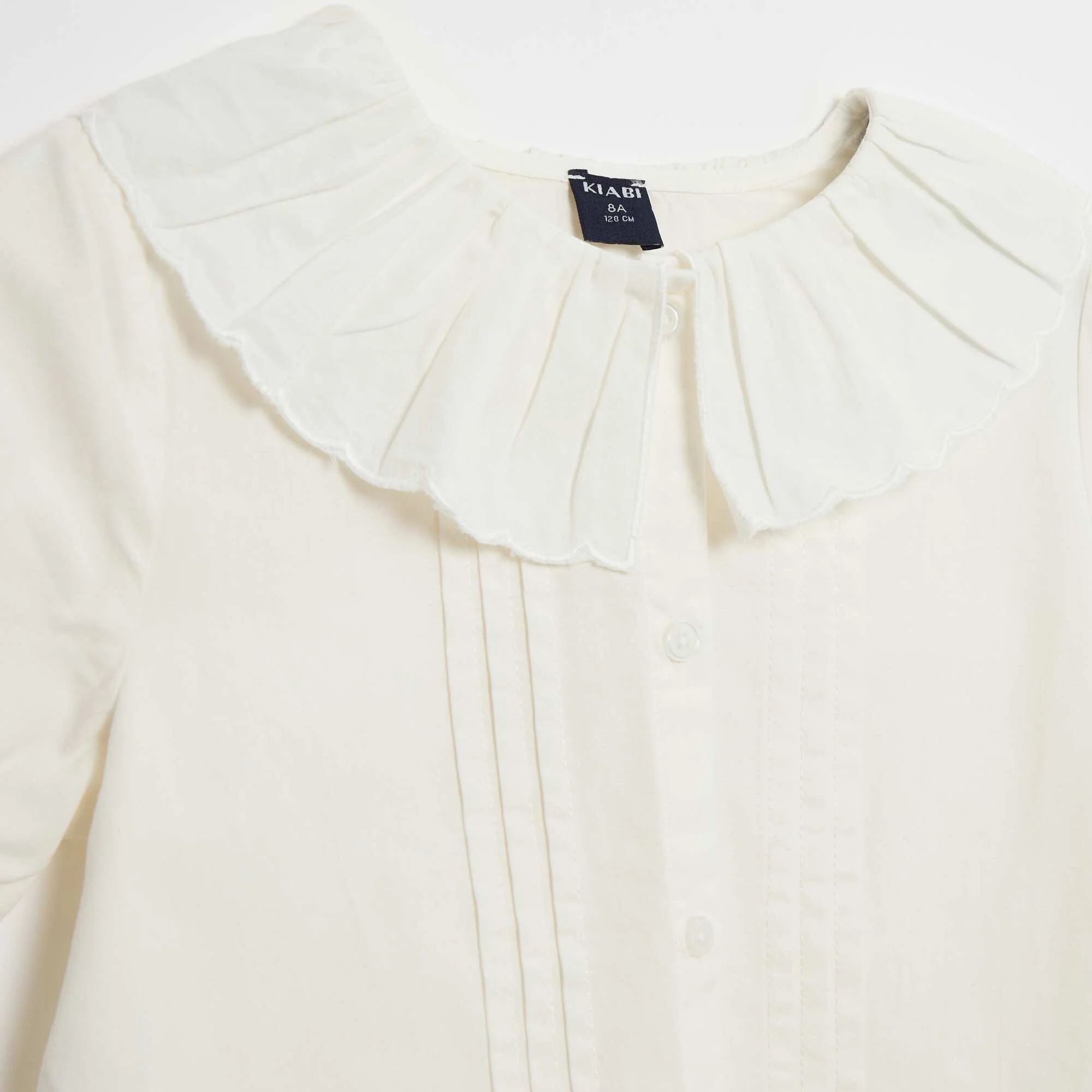 Plain Cotton Blouse with Ruffled Collar WHITE - Image 3