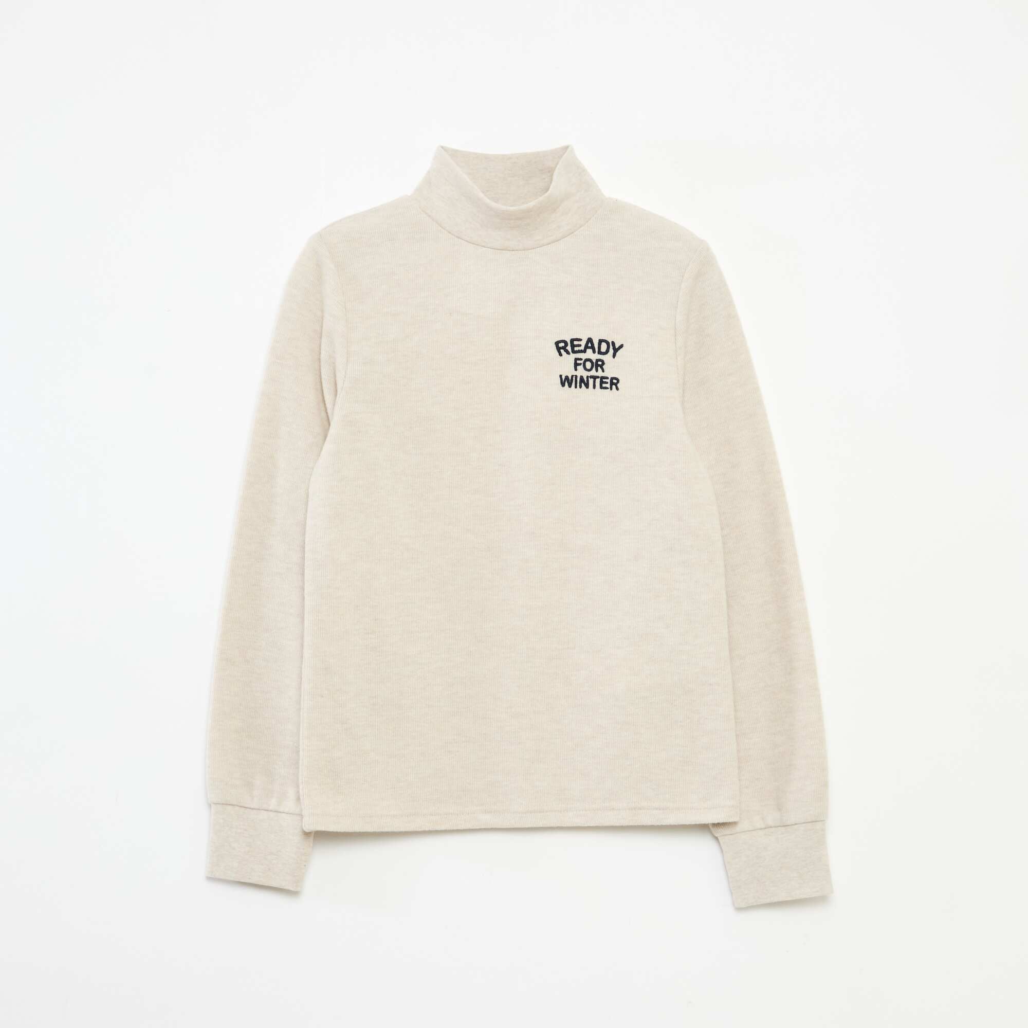Plain Cotton Embroidered Turtleneck Top BEIGE