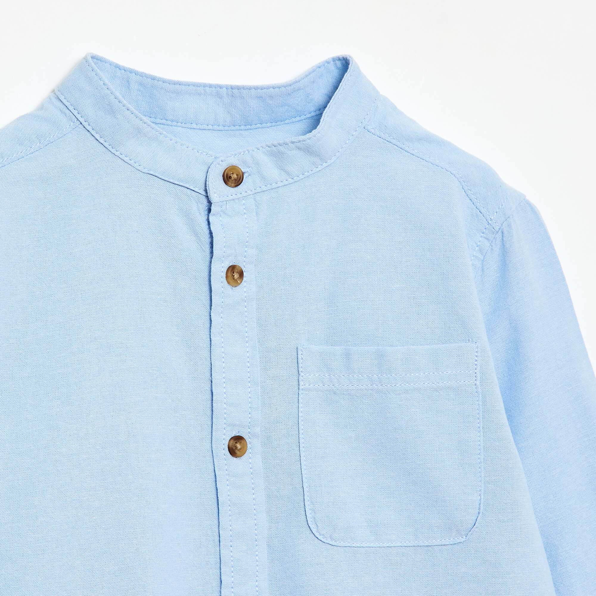 Plain Cotton Mandarin Collar Shirt BLUE - Image 3