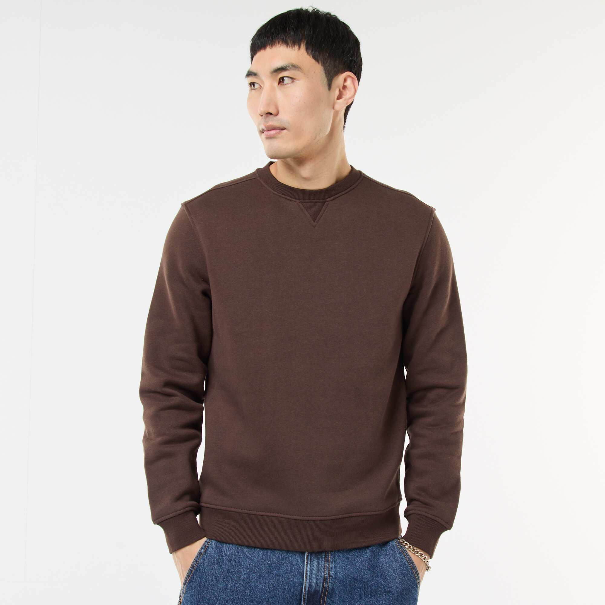 Plain Crew Neck Sweatshirt in Brushed Fleece BROWN
