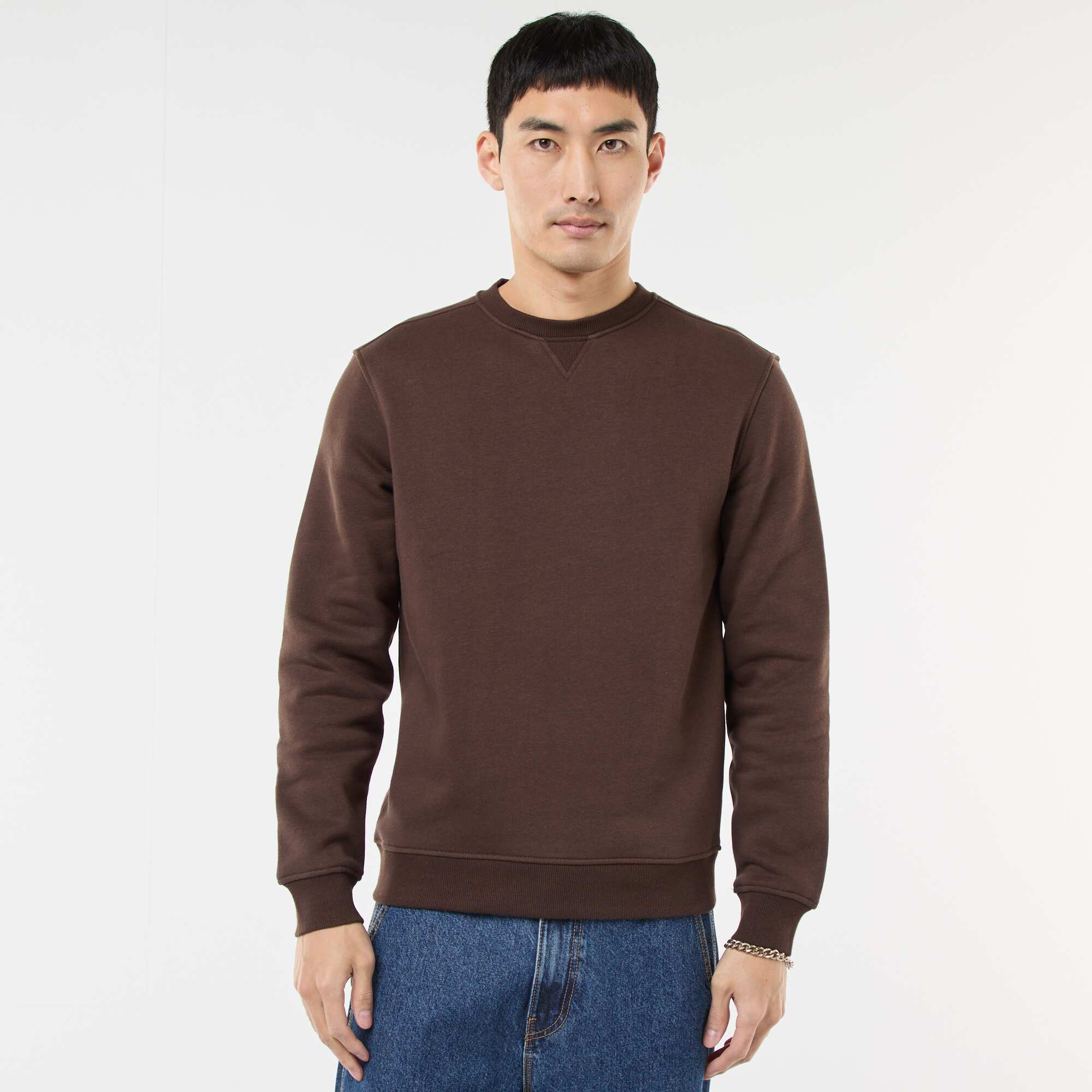 Plain Crew Neck Sweatshirt in Brushed Fleece BROWN - Image 3