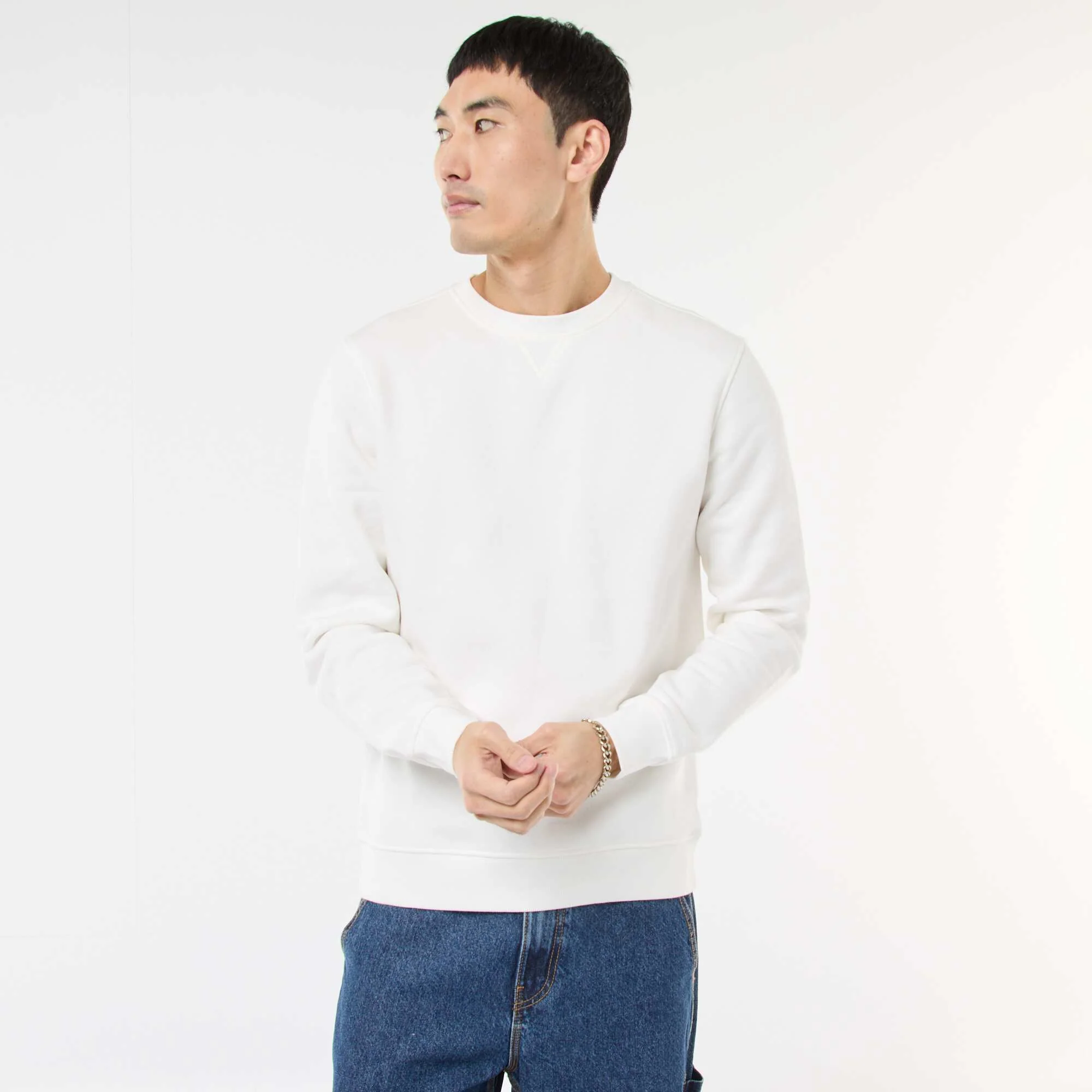 Plain Crew Neck Sweatshirt in Brushed Fleece WHITE - Image 4