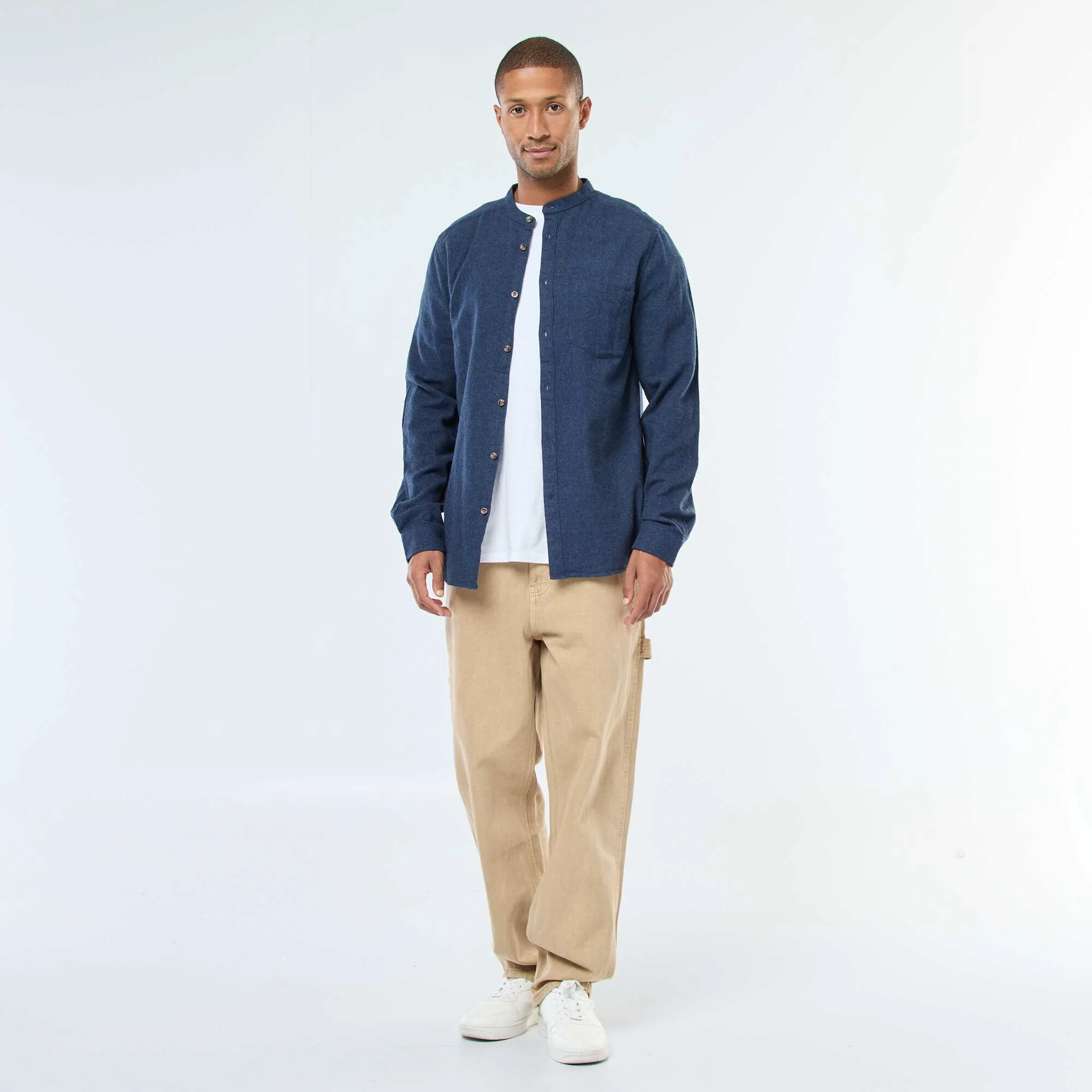 Plain Flannel Shirt with a Mandarin Collar BLUE - Image 2