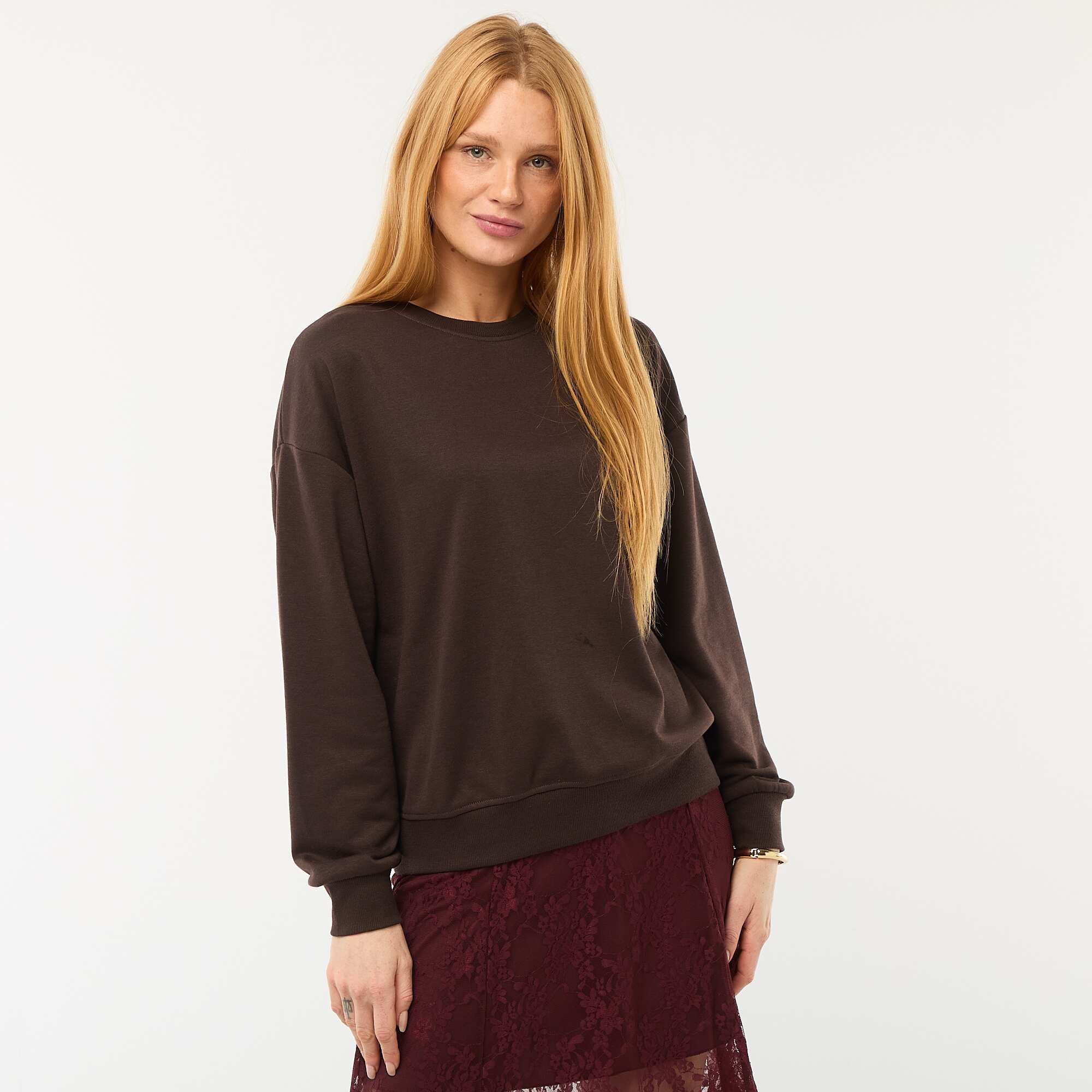 Plain French Terry Crew Neck Sweatshirt BROWN - Image 4