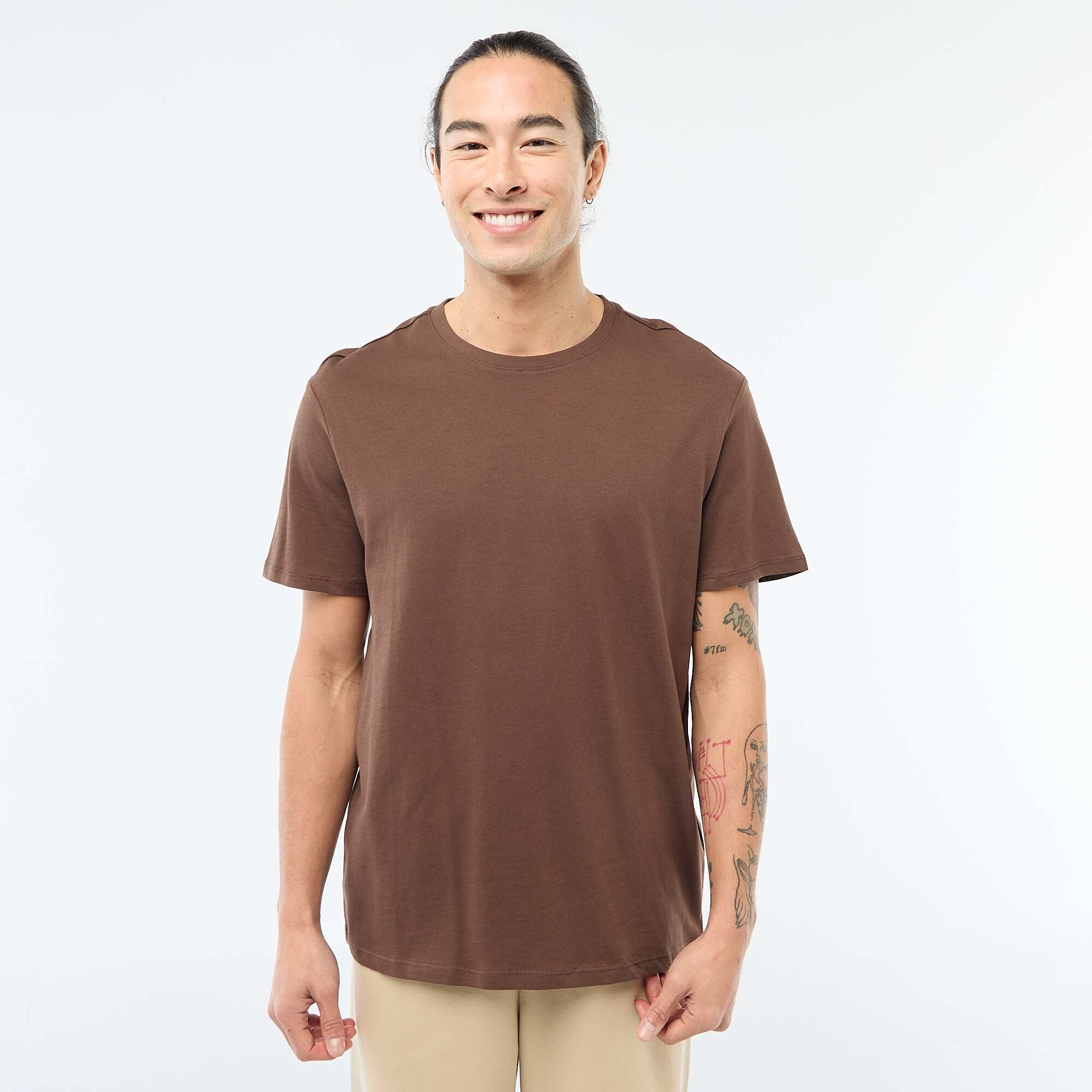Plain jersey straight T-shirt BROWN