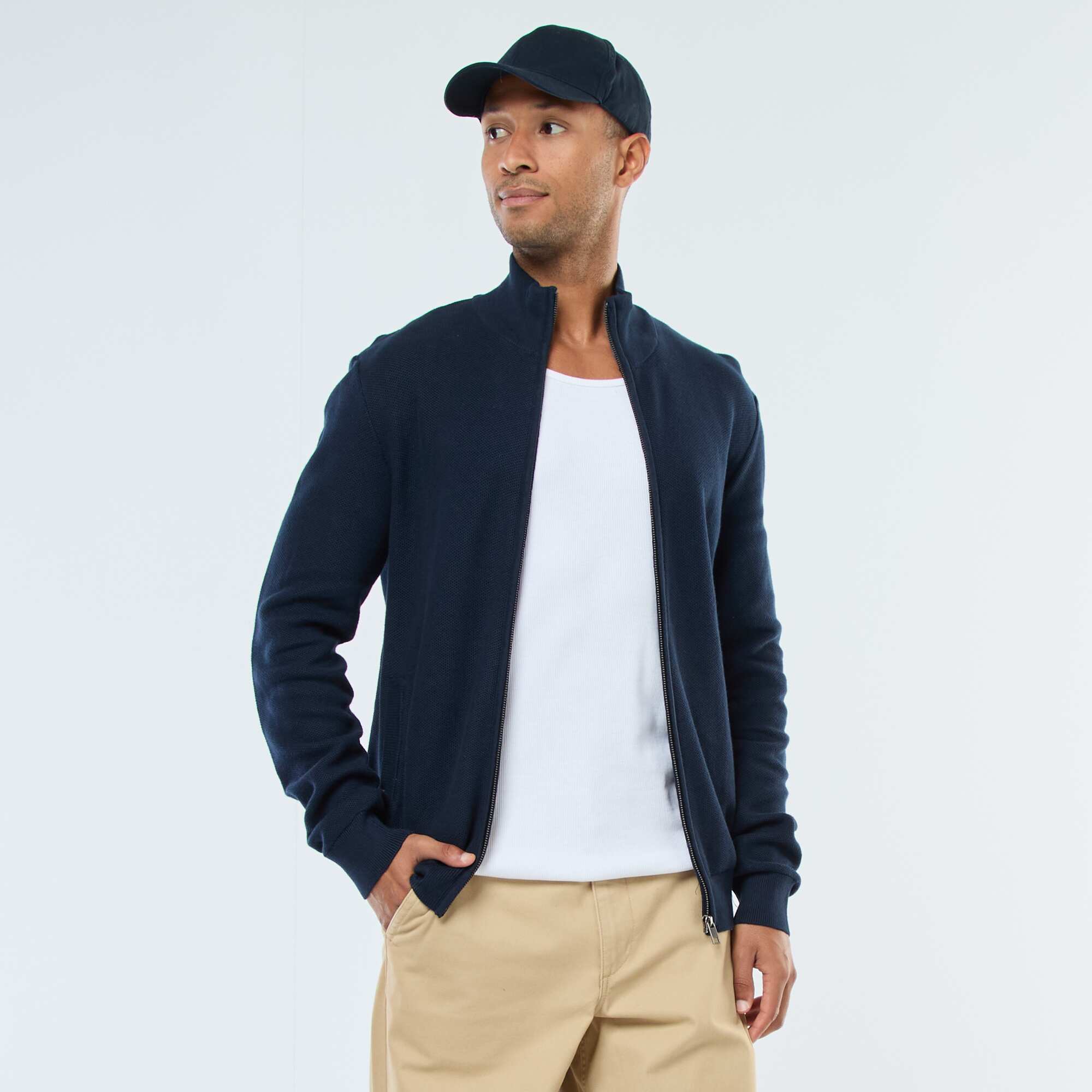 Plain Knit Vest with 2 Pockets and Stand-Up Collar BLUE