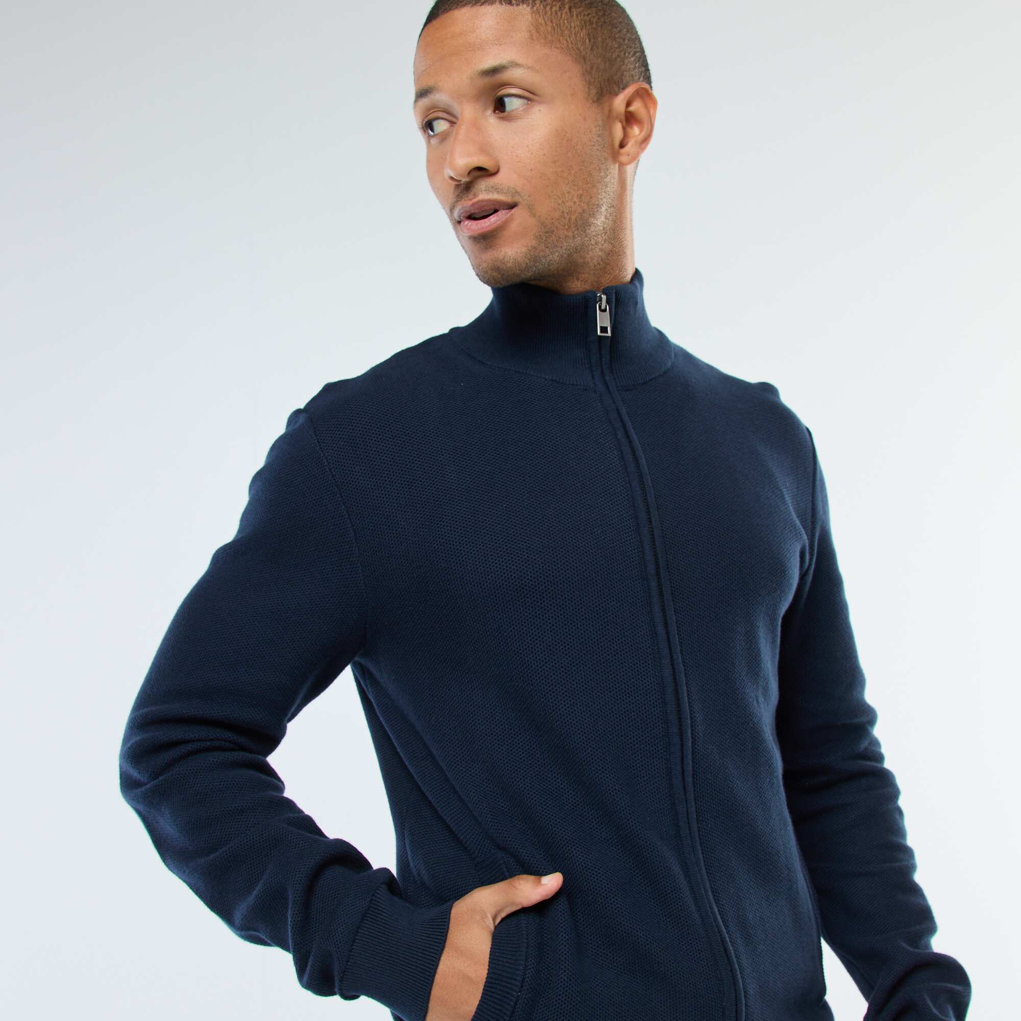 Plain Knit Vest with 2 Pockets and Stand-Up Collar BLUE - Image 5