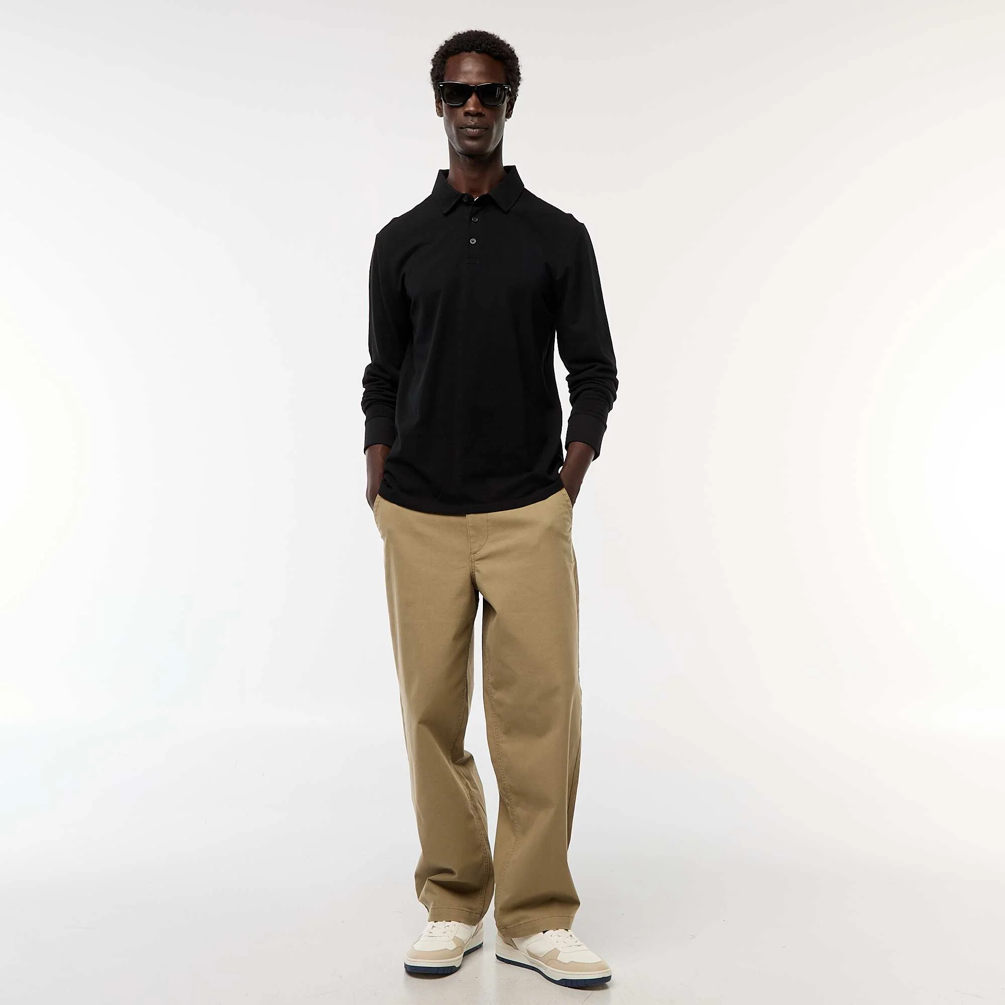 Plain long-sleeved piqué knit polo shirt BLACK - Image 2