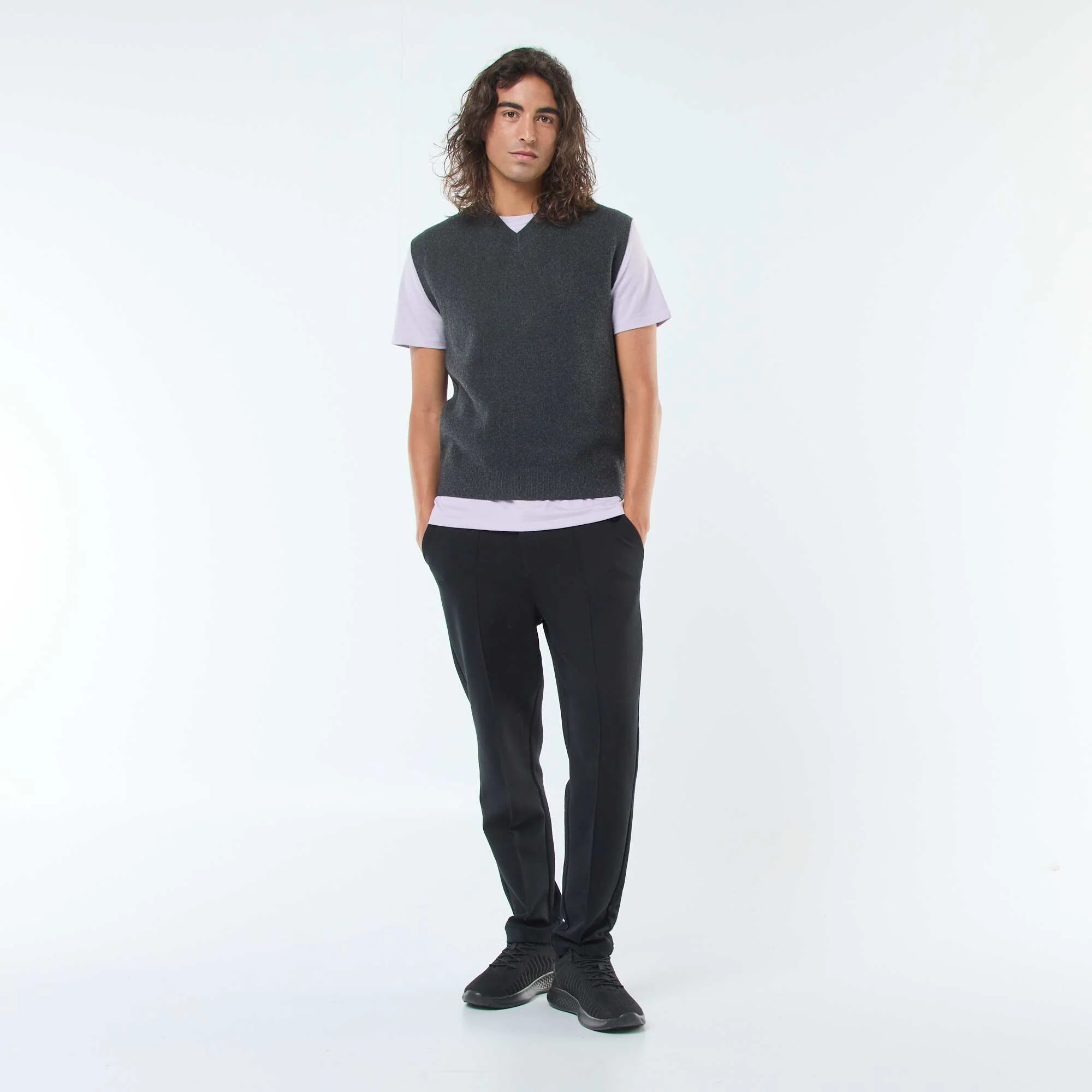 Plain piqué knit joggers BLACK