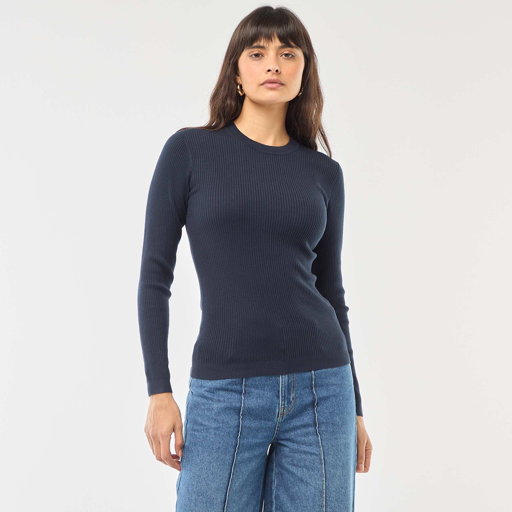 Plain Ribbed Crew Neck Sweater BLUE