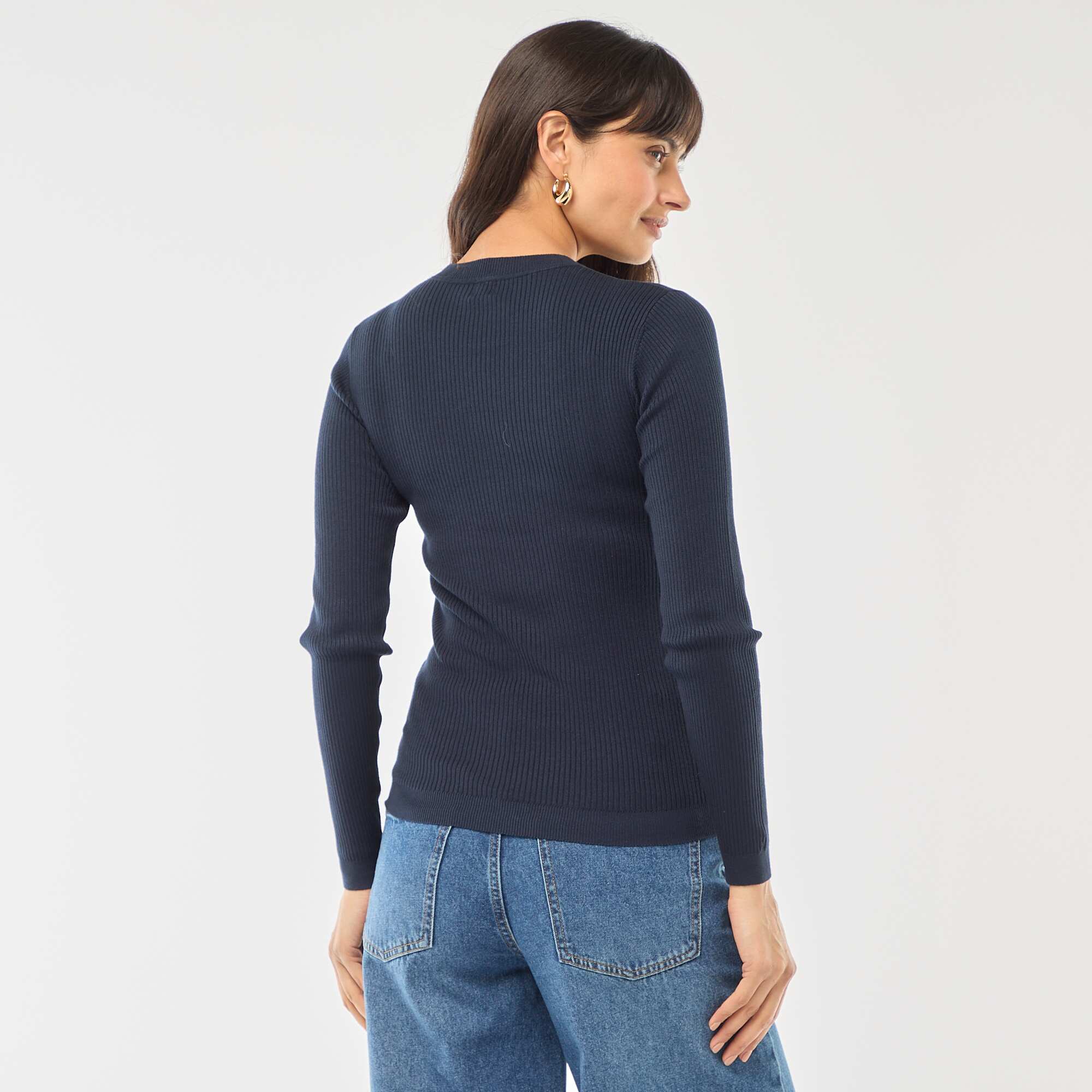 Plain Ribbed Crew Neck Sweater BLUE - Image 3
