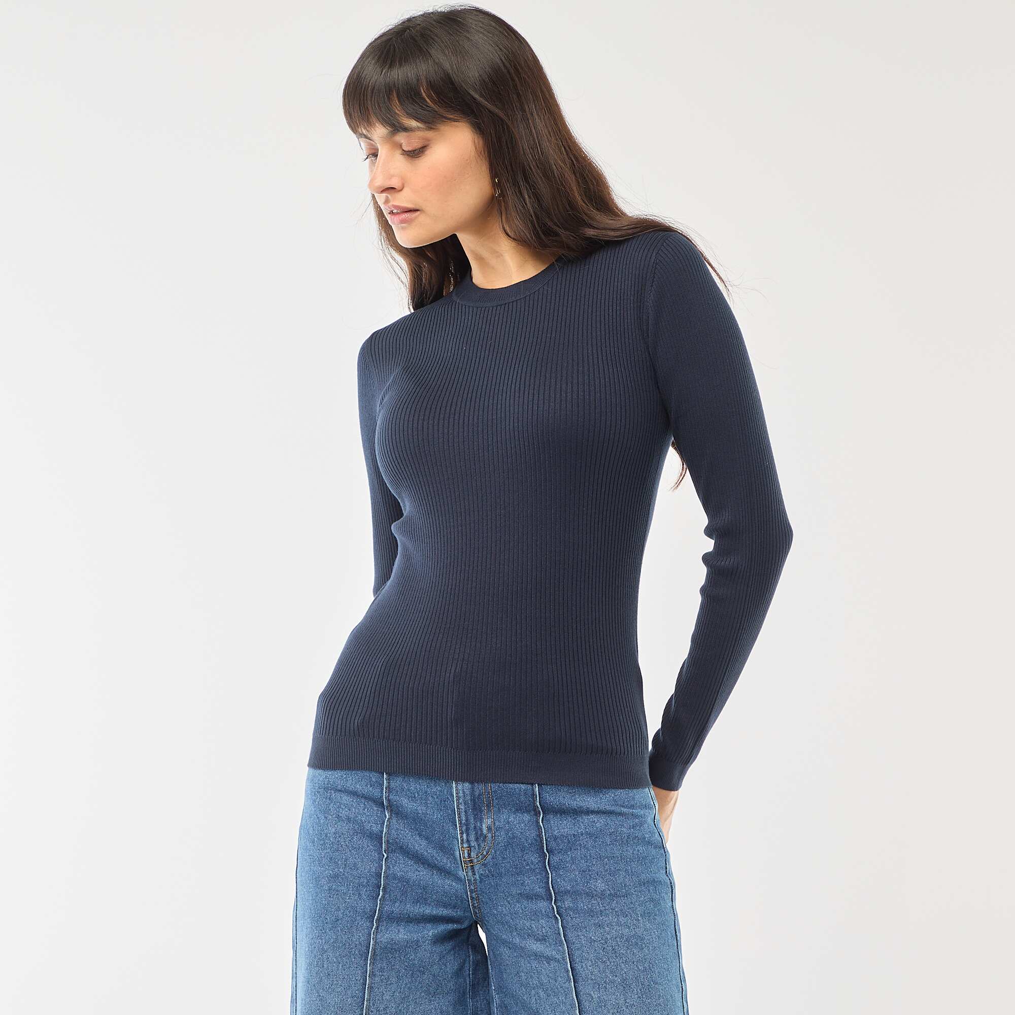 Plain Ribbed Crew Neck Sweater BLUE - Image 4