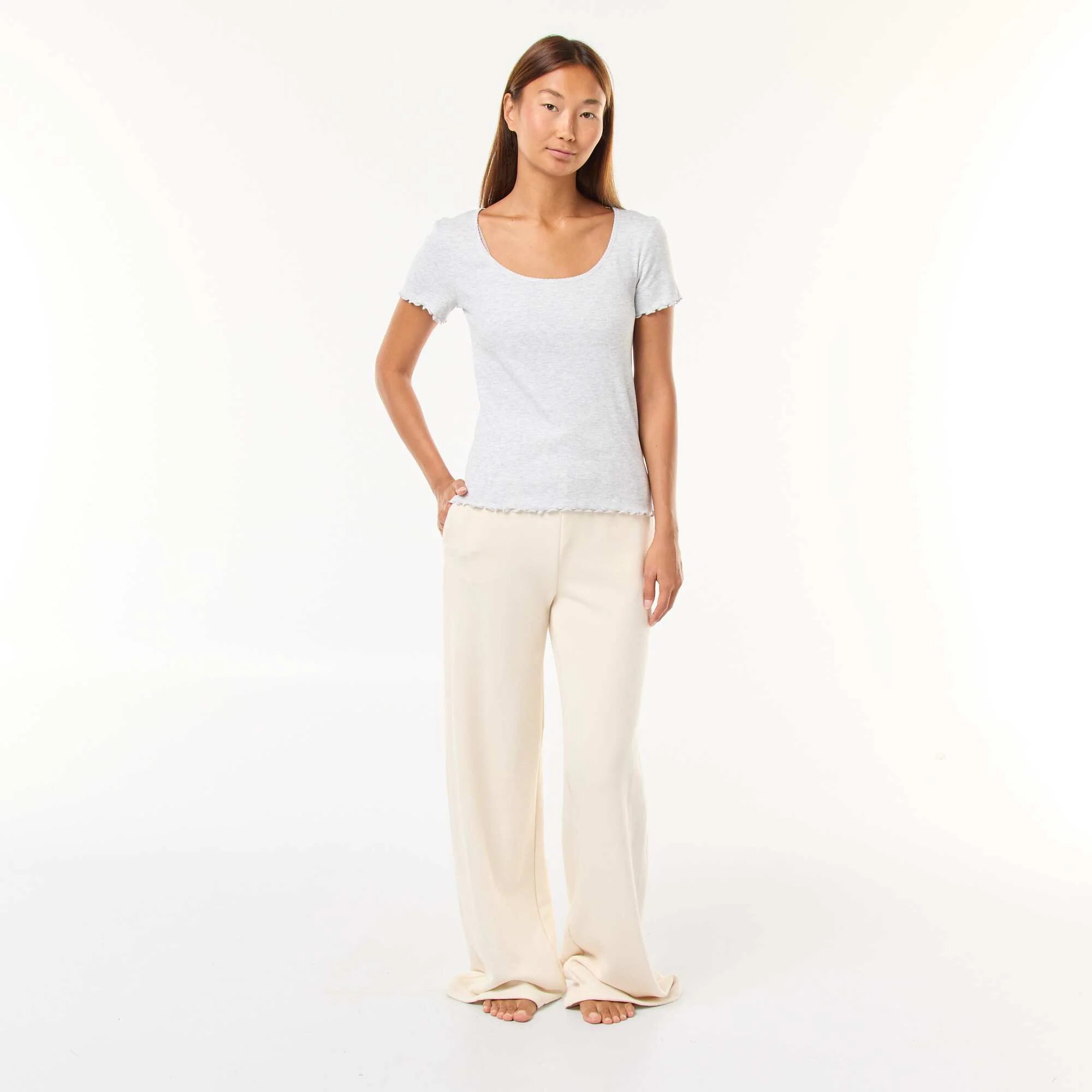 Plain Ribbed Knit Short-Sleeve T-shirt GREY - Image 2