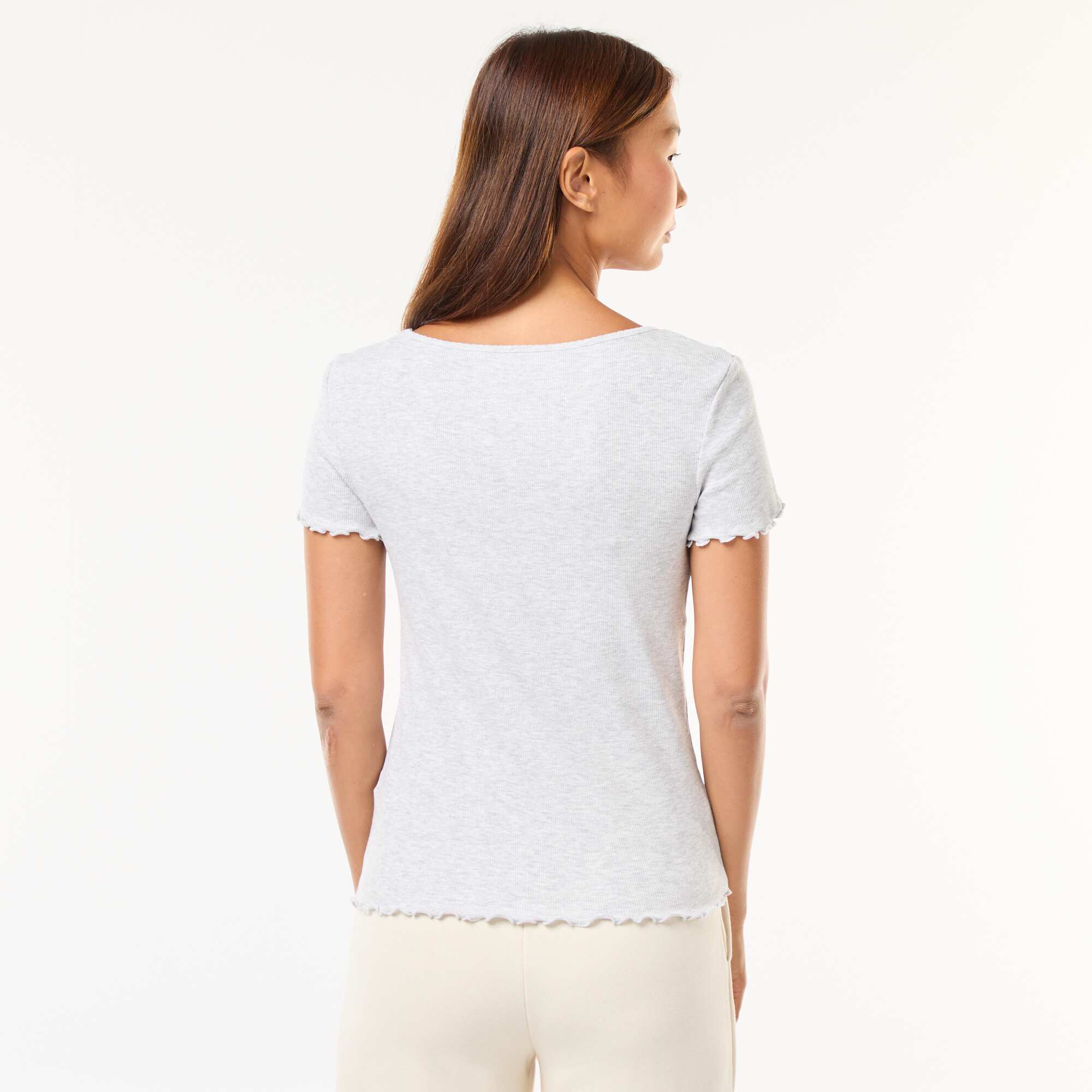 Plain Ribbed Knit Short-Sleeve T-shirt GREY - Image 3