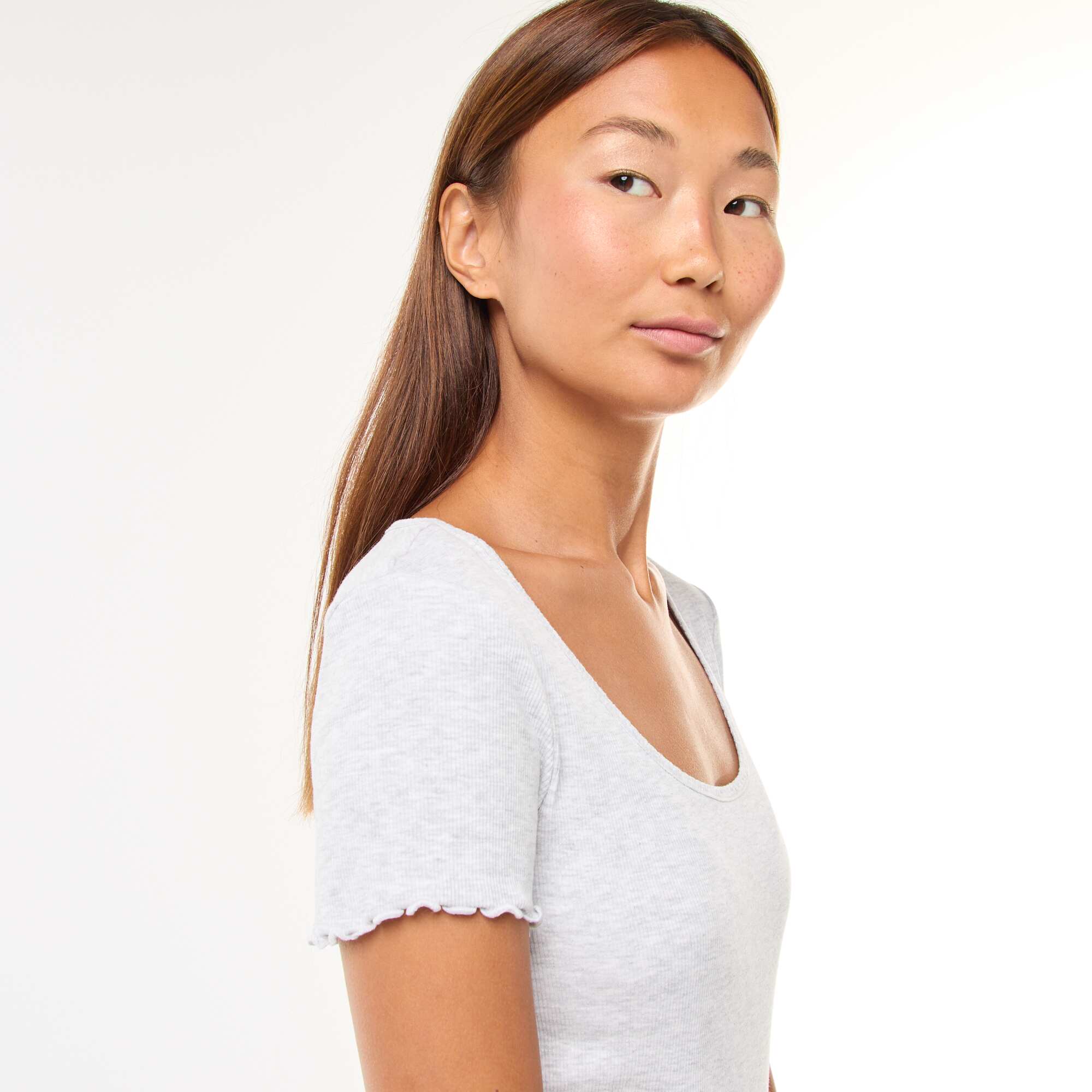 Plain Ribbed Knit Short-Sleeve T-shirt GREY - Image 4