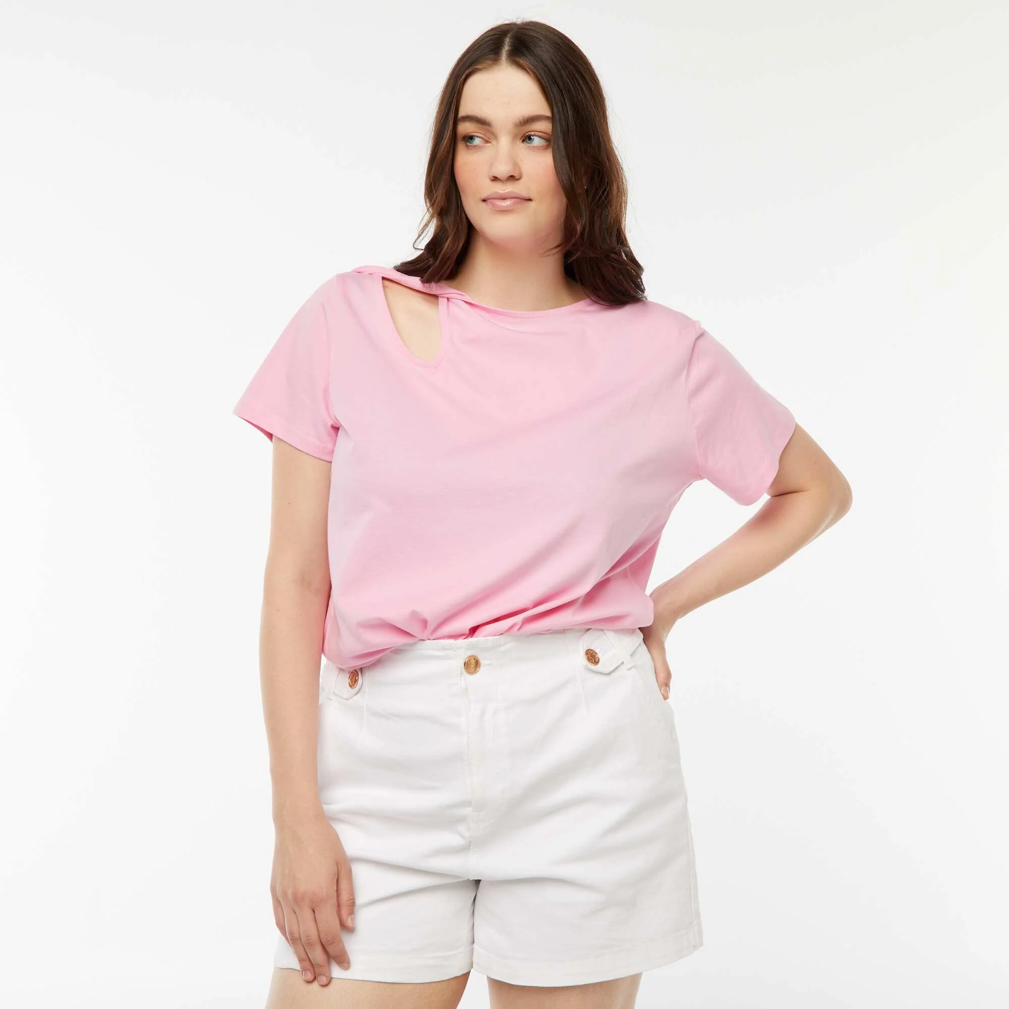 Plain T-shirt with openwork slit and twisted effect PINK