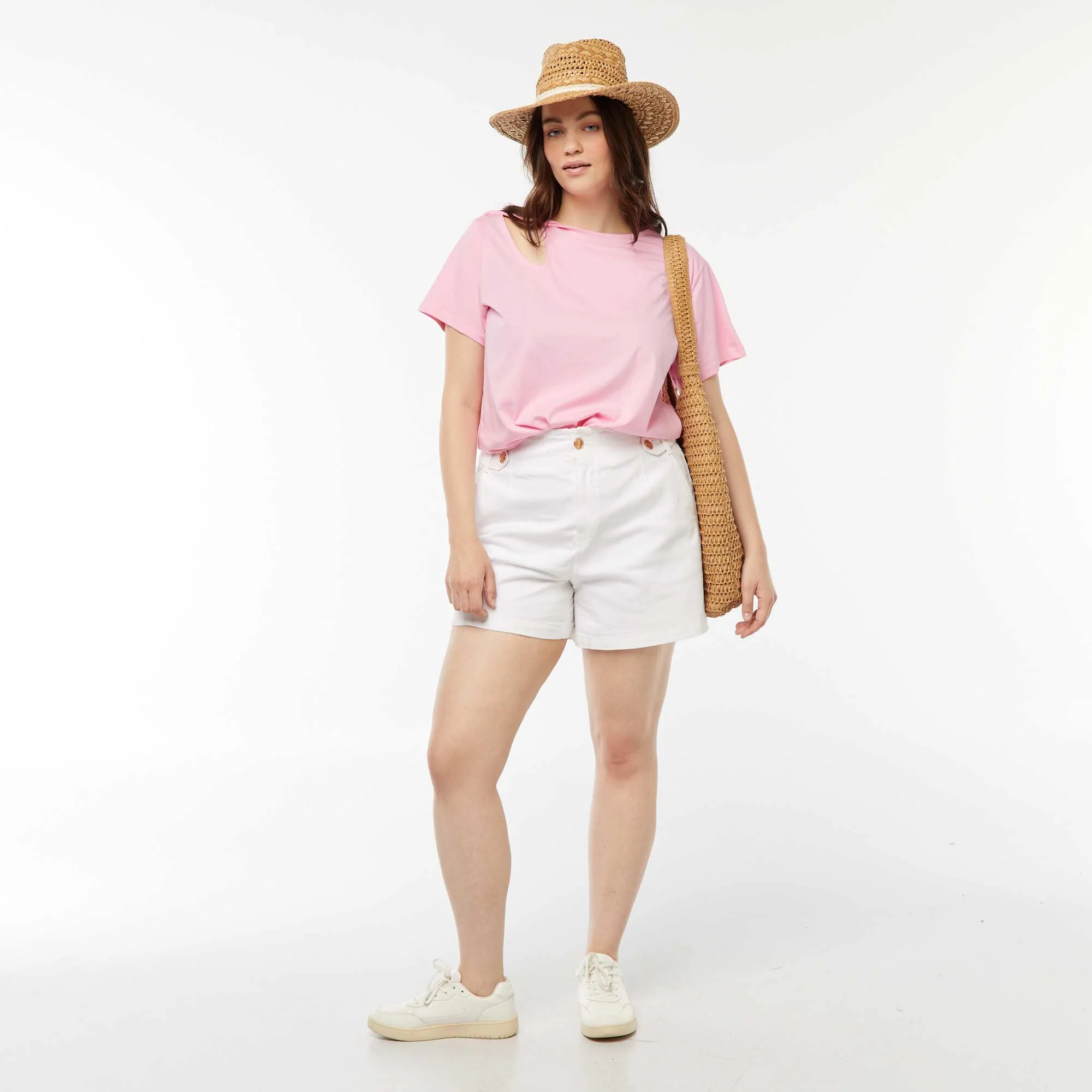 Plain T-shirt with openwork slit and twisted effect PINK - Image 2