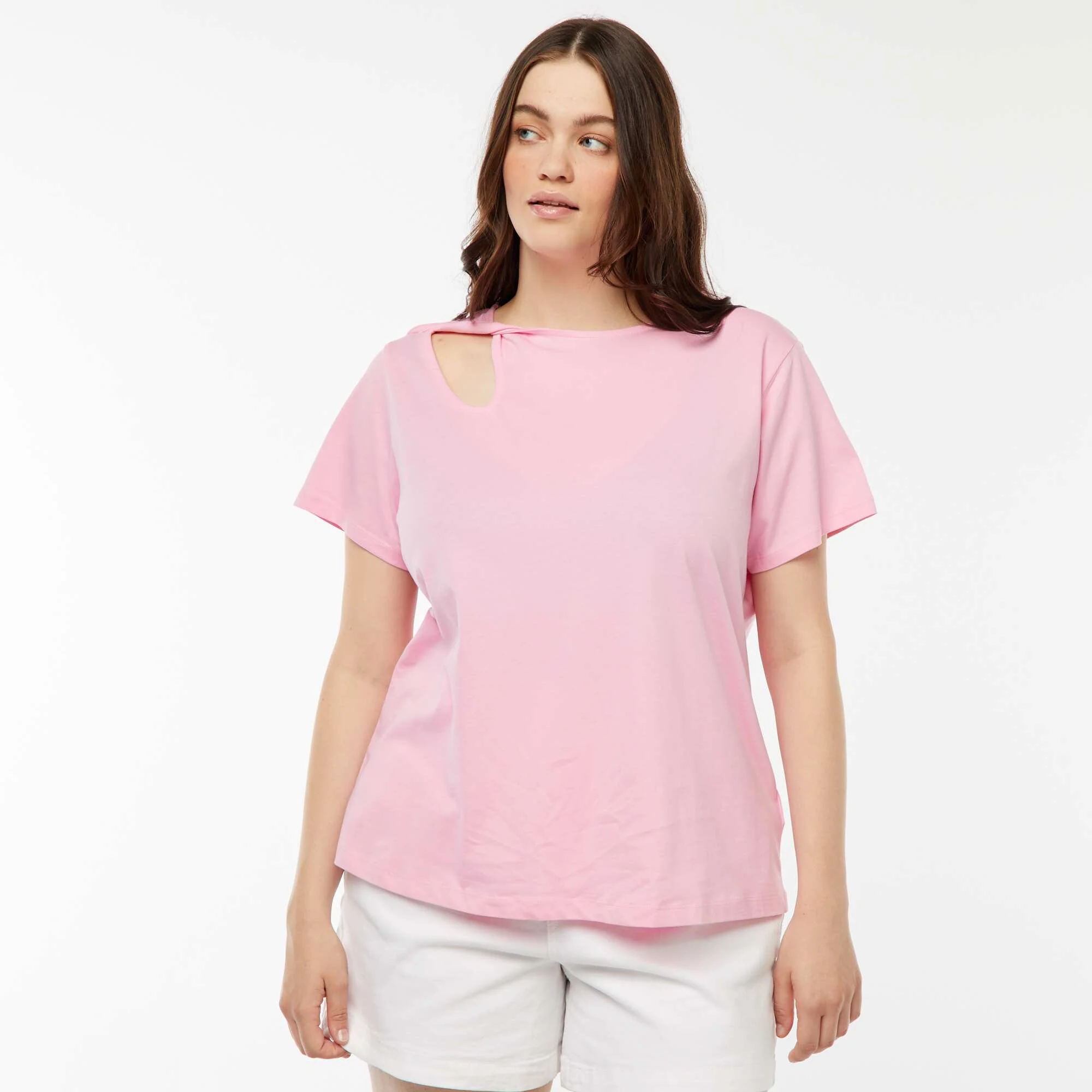 Plain T-shirt with openwork slit and twisted effect PINK - Image 5