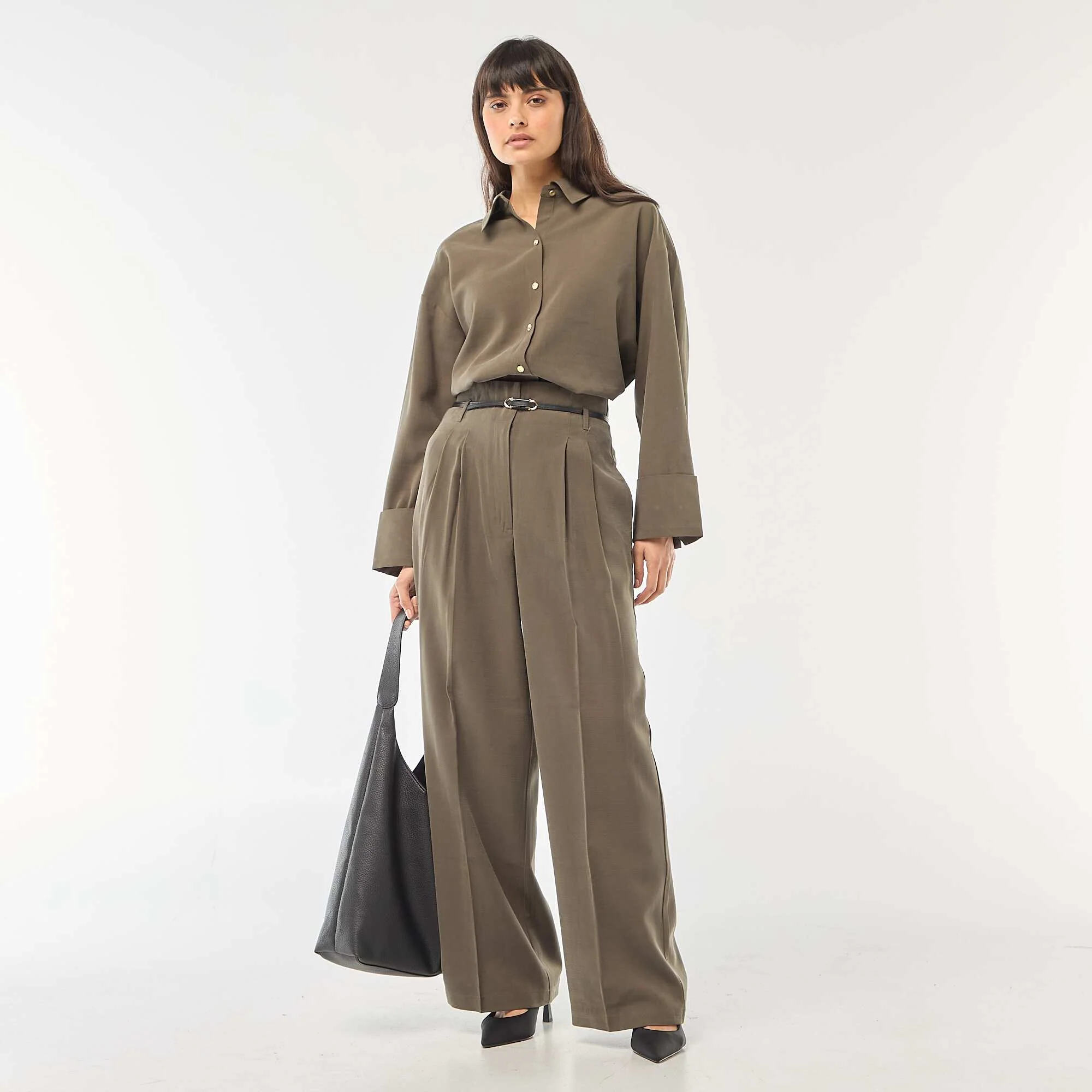 Pleated Pants with Built-in Belt KHAKI