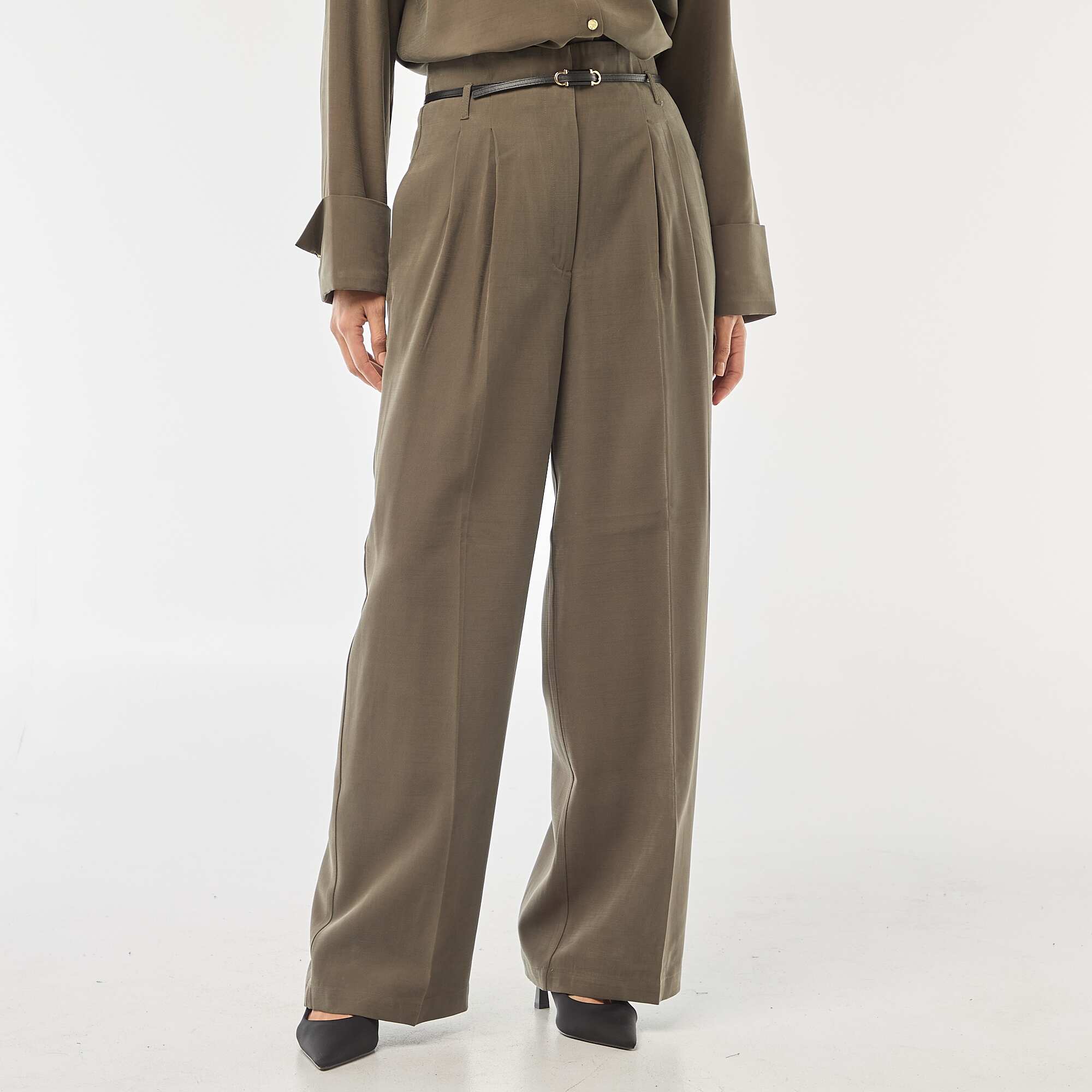 Pleated Pants with Built-in Belt KHAKI - Image 4
