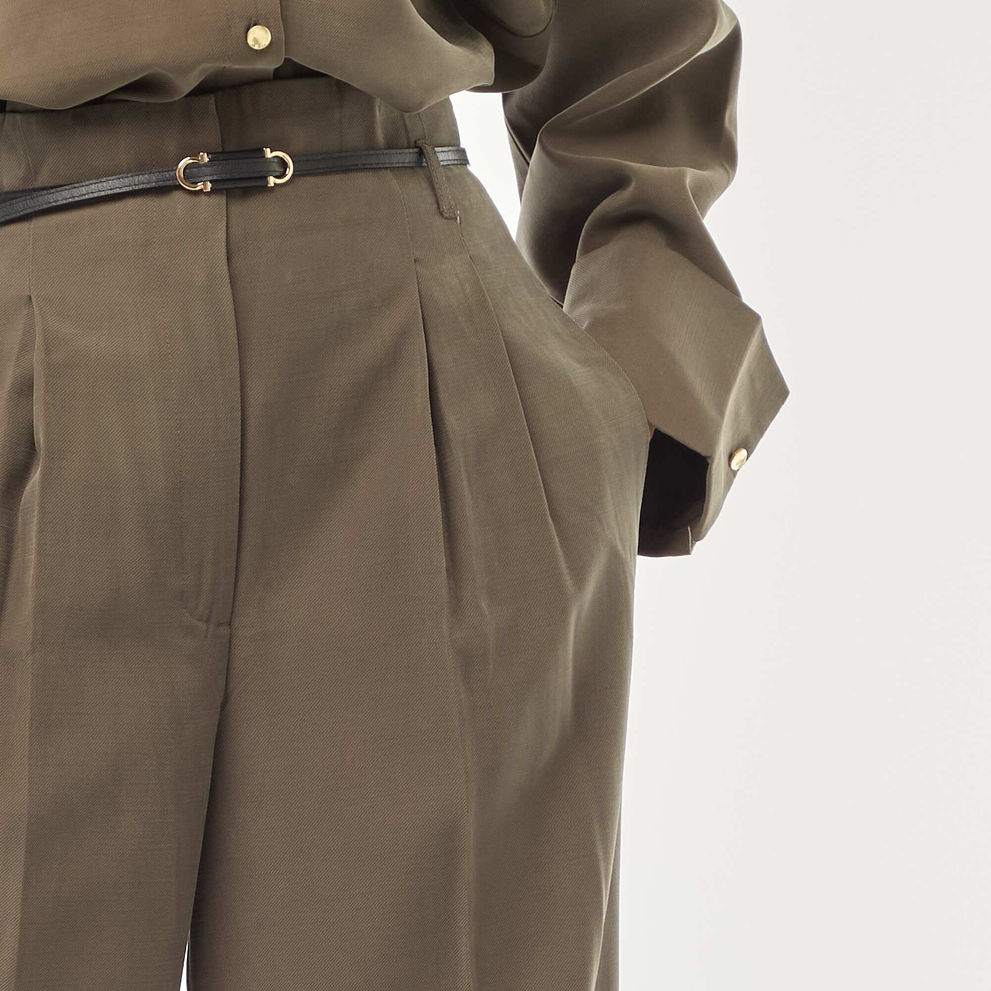 Pleated Pants with Built-in Belt KHAKI - Image 5